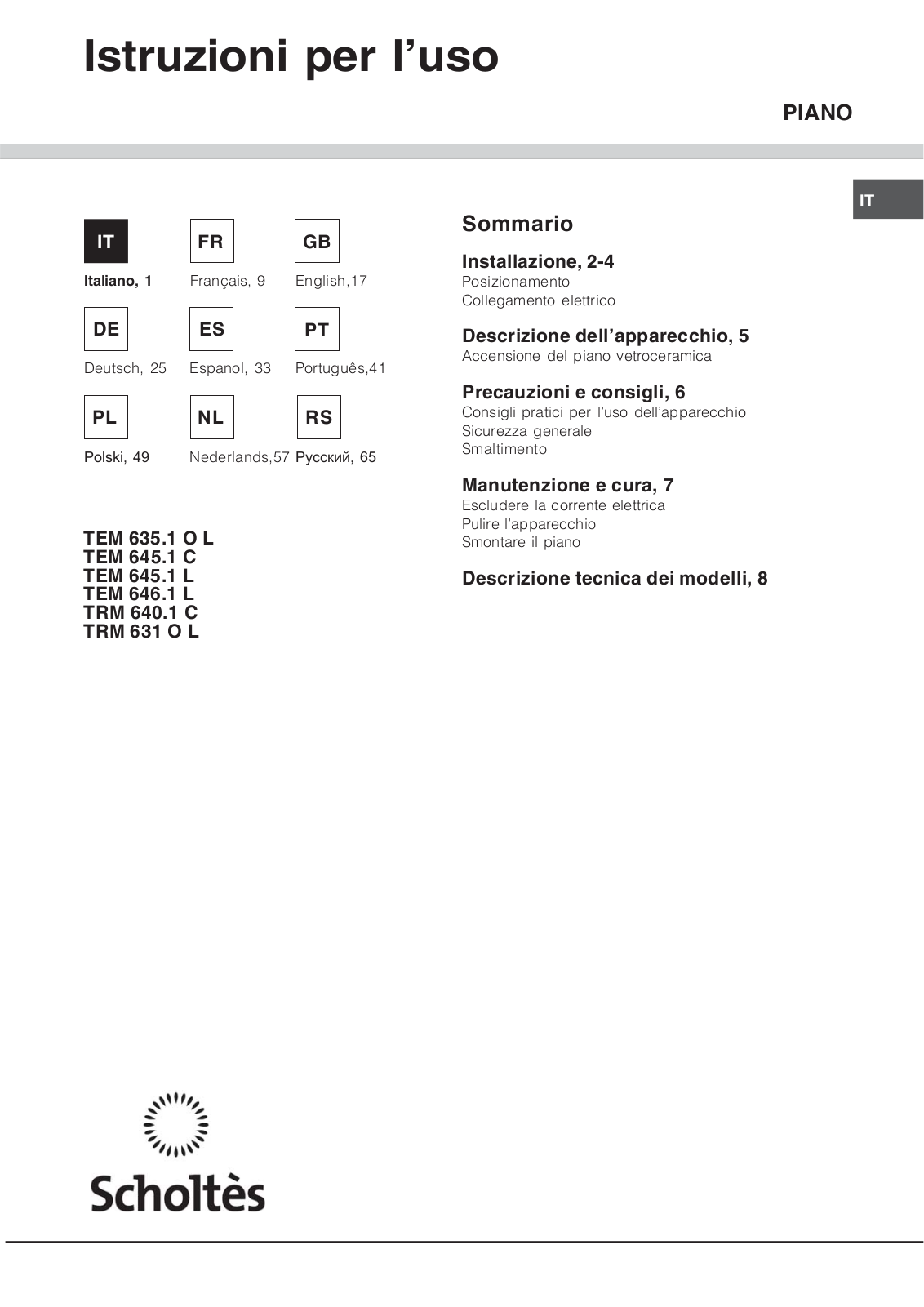 Scholtes TRM 631 O L, TEM 635.1 OL, TEM 645.1 C, TEM 645.1 L, TEM 646.1 L User Manual