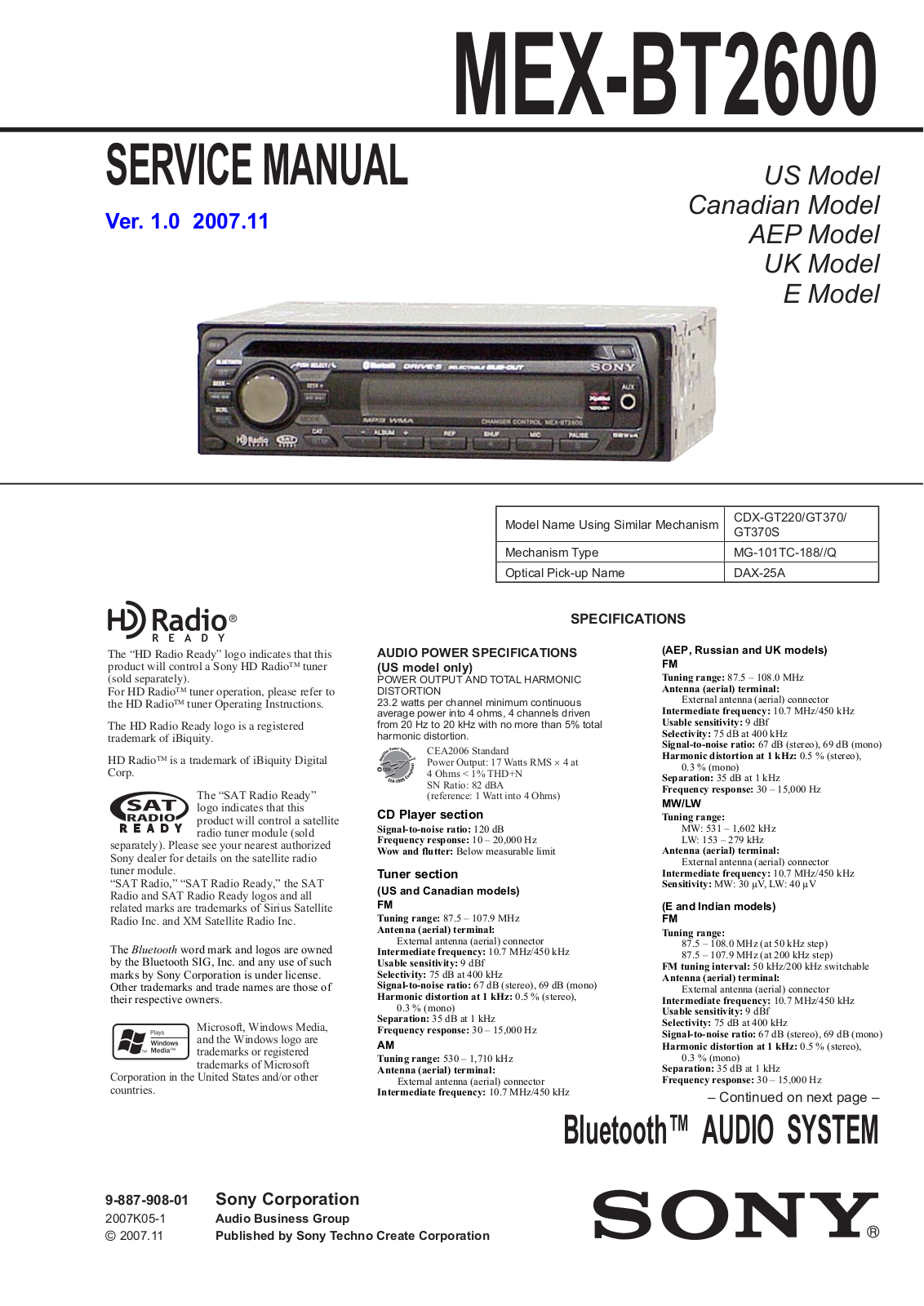 Sony MEXBT-2600 Service manual