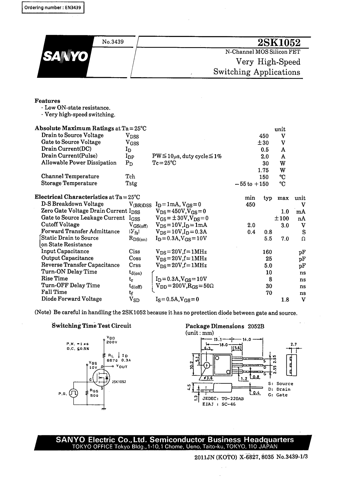 SANYO 2SK1052 Datasheet