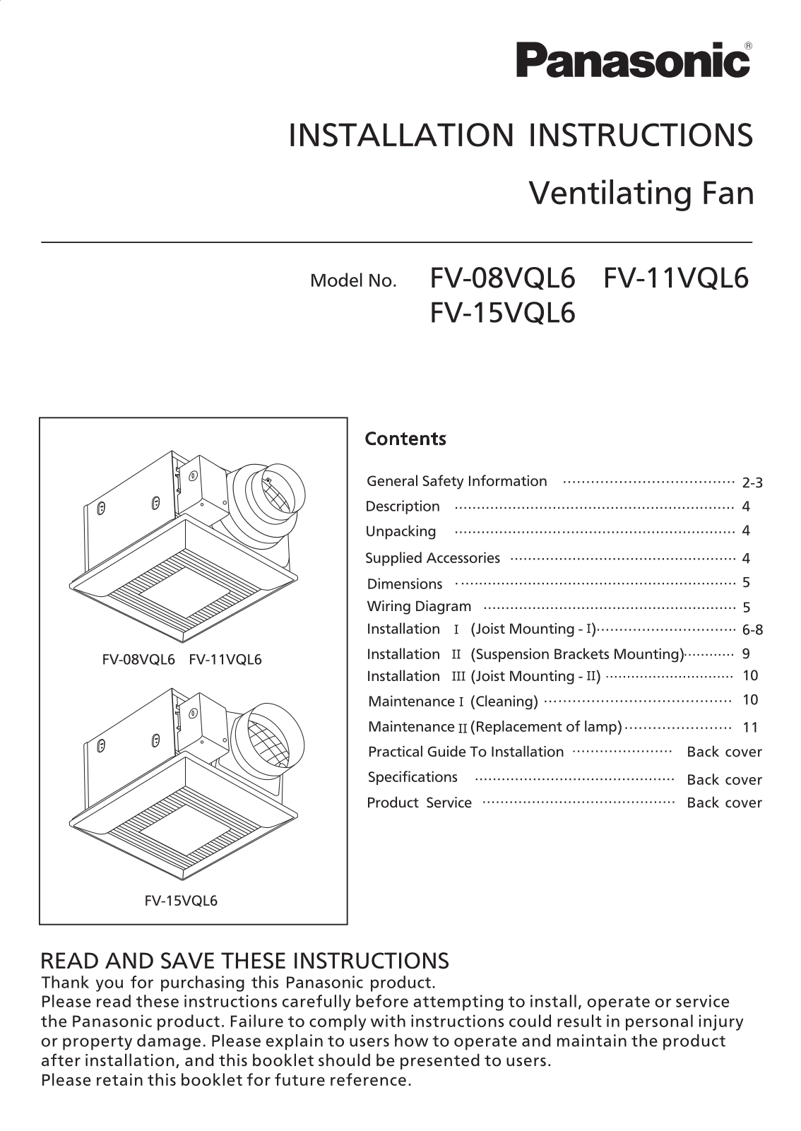 Panasonic FV-08VQL6, FV-11VQL6, FV-15VQL6 User Manual