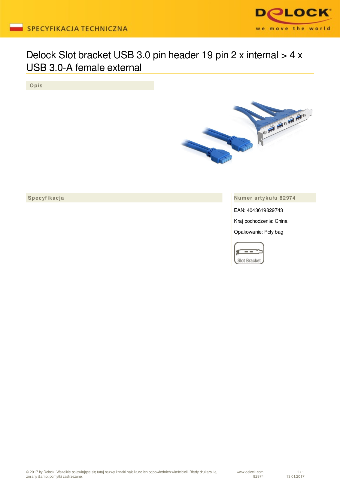 DeLOCK PCI slot bracket, 4x USB 3.0 User Manual