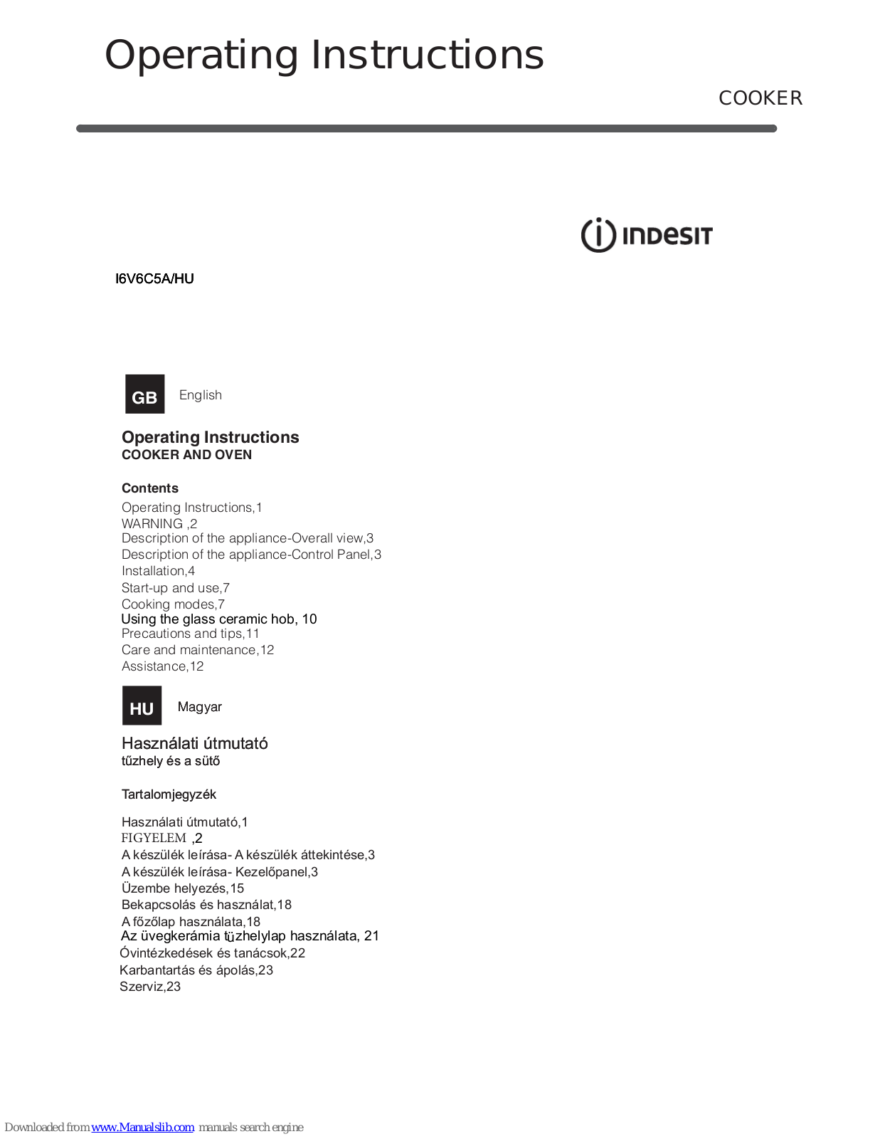 Indesit I6V6C5A/HU Operating Instructions Manual