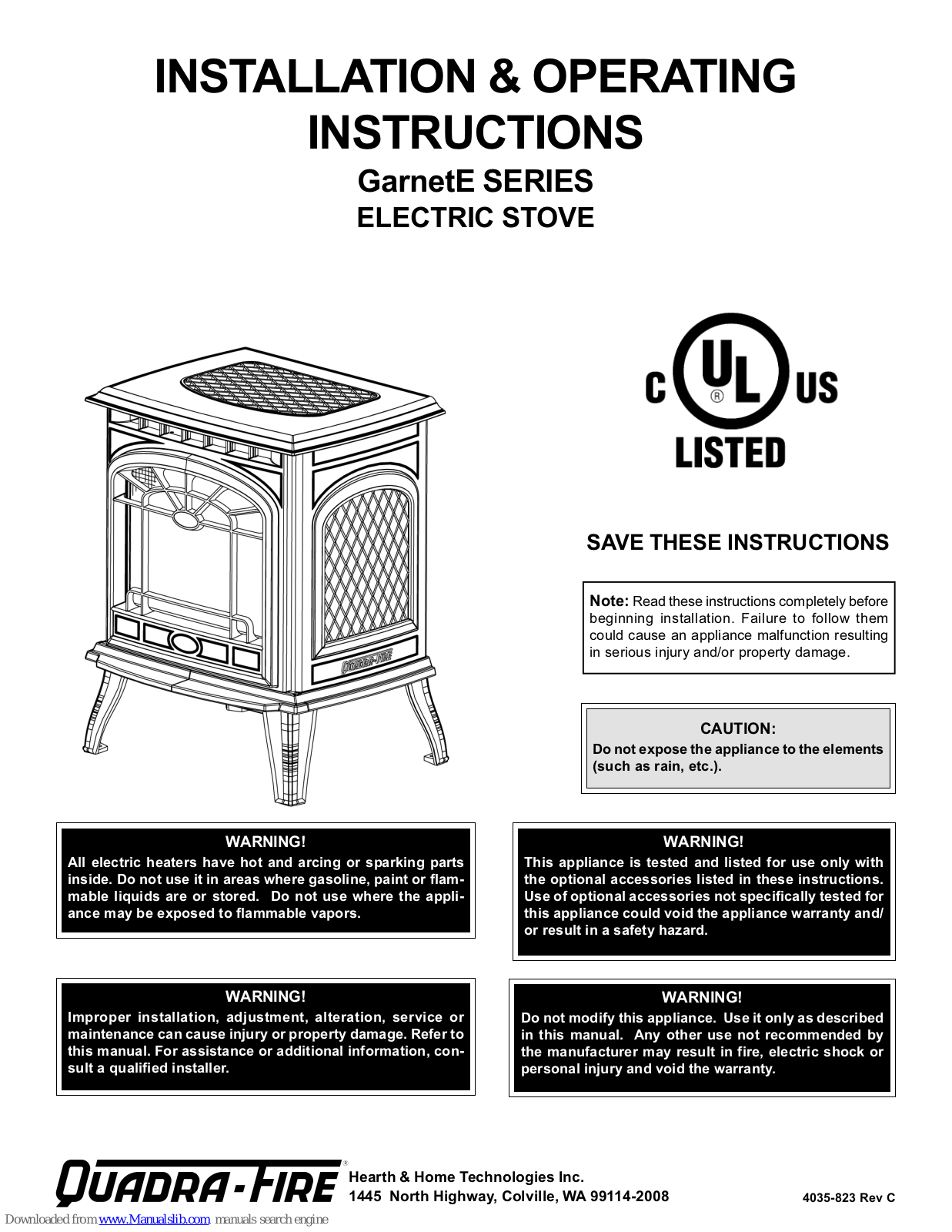 Quadra-Fire Garnet Series, GarnetE Series Installation & Operating Instructions Manual