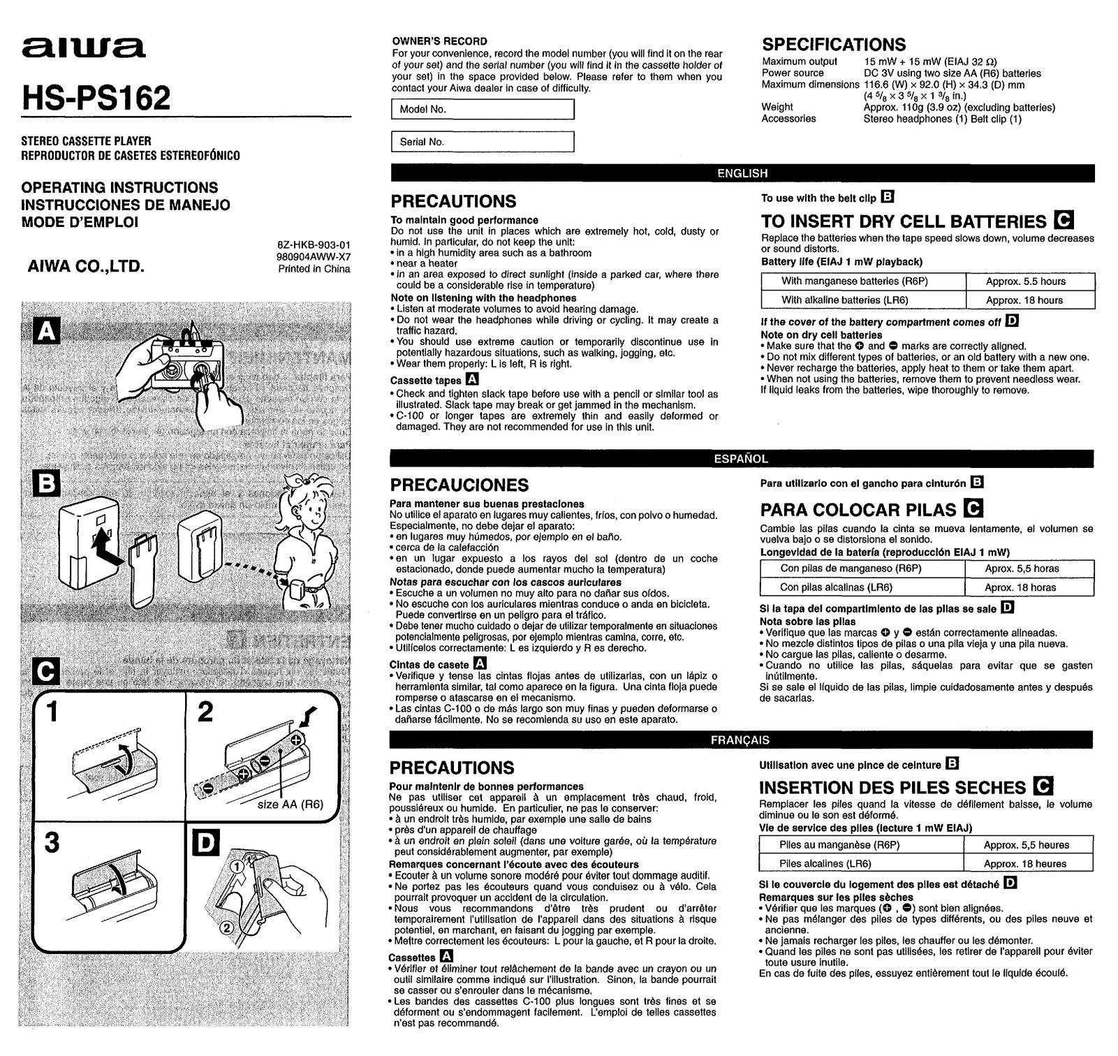 AIWA HS-PS162 Operating Instructions