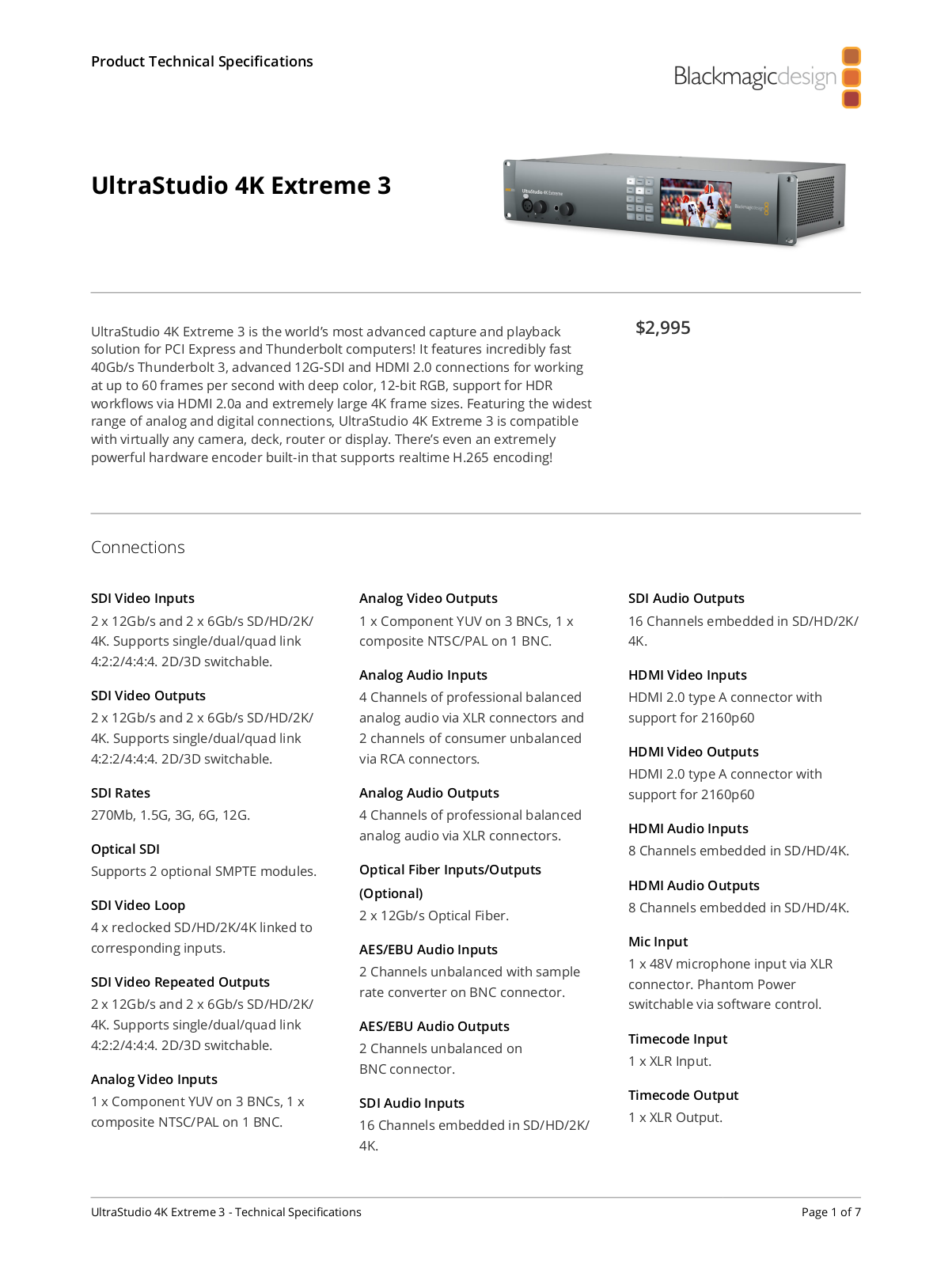 Blackmagic Design UltraStudio 4K Extreme 3 Specifications