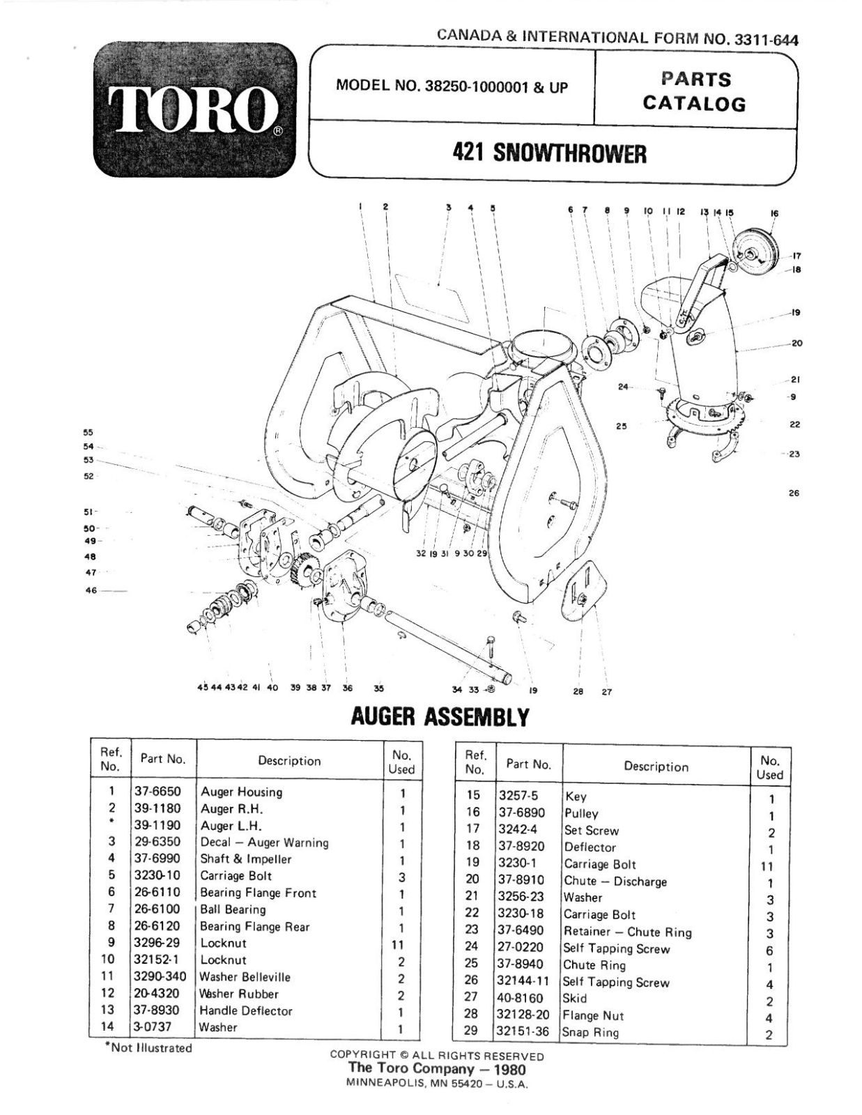 Toro 38250 Parts Catalogue