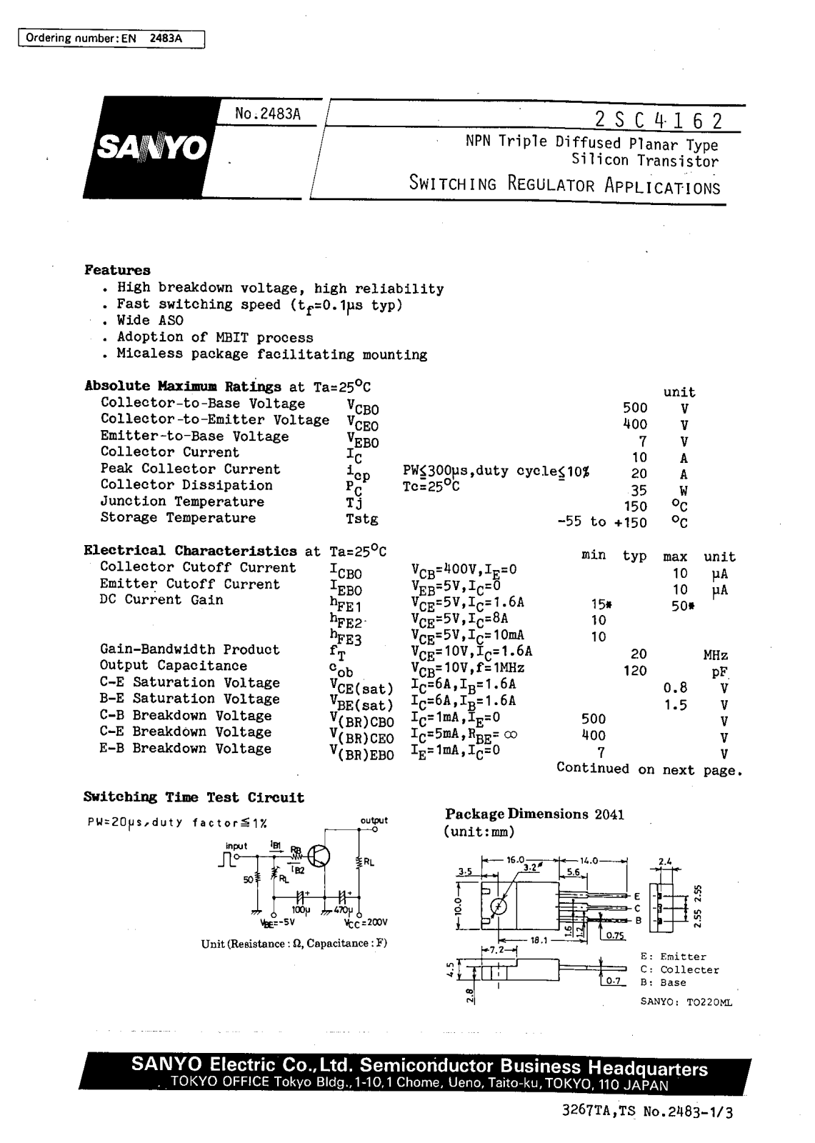 SANYO 2SC4162 Datasheet