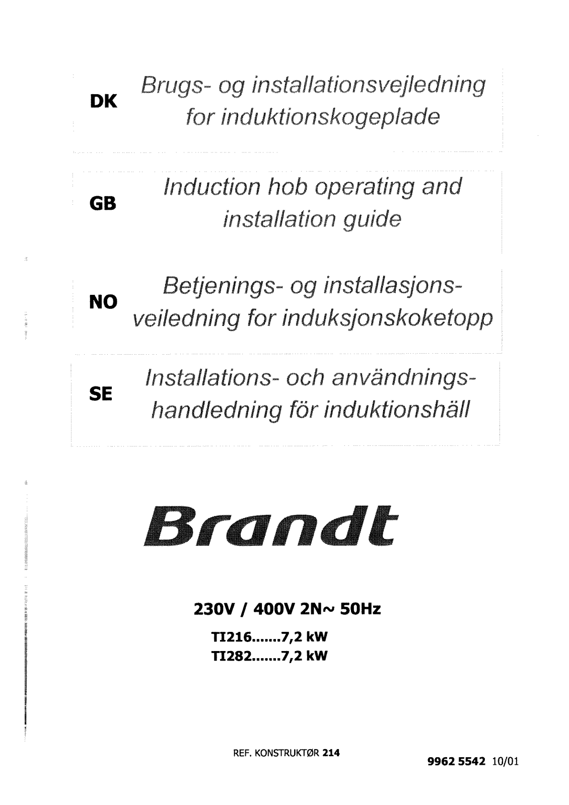 BRANDT TI216BN1, TI282BT1 User Manual