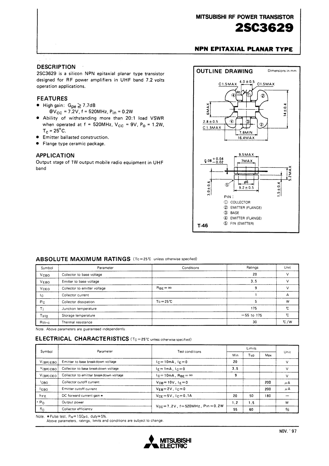 Mitsubishi Electric Corporation Semiconductor Group 2SC3629 Datasheet