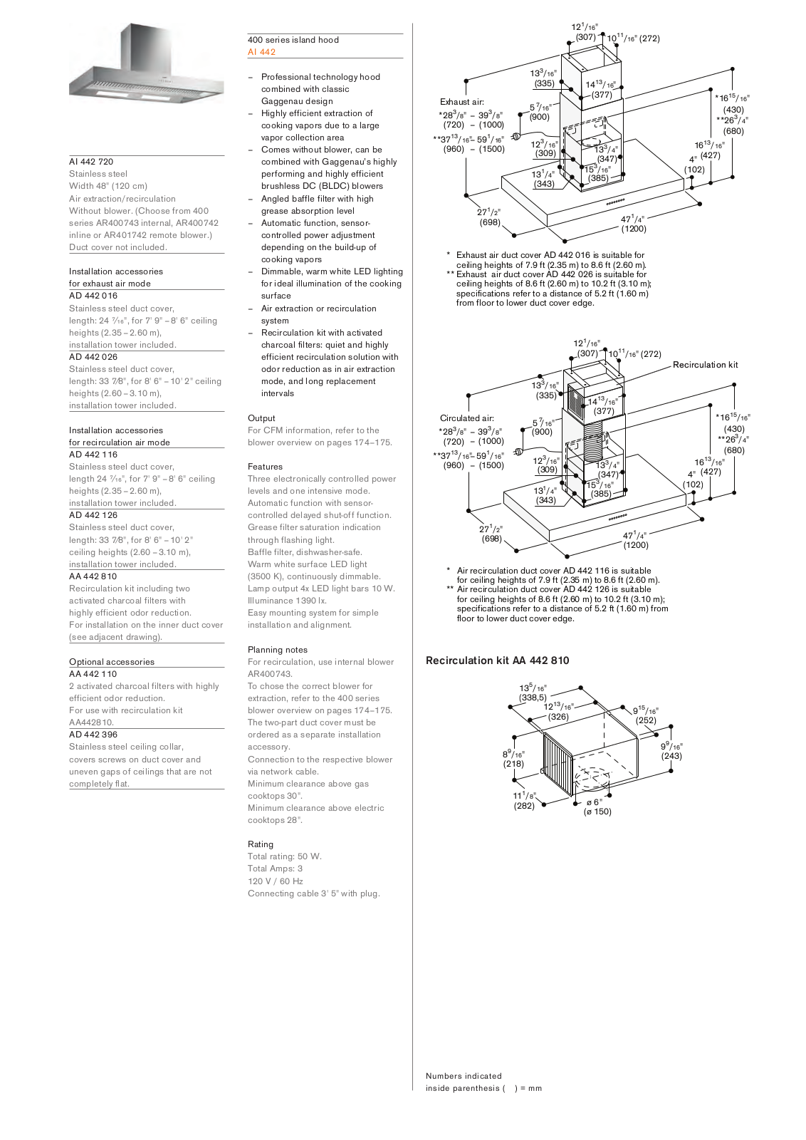 Gaggenau AI442720 PRODUCT SPECIFICATIONS