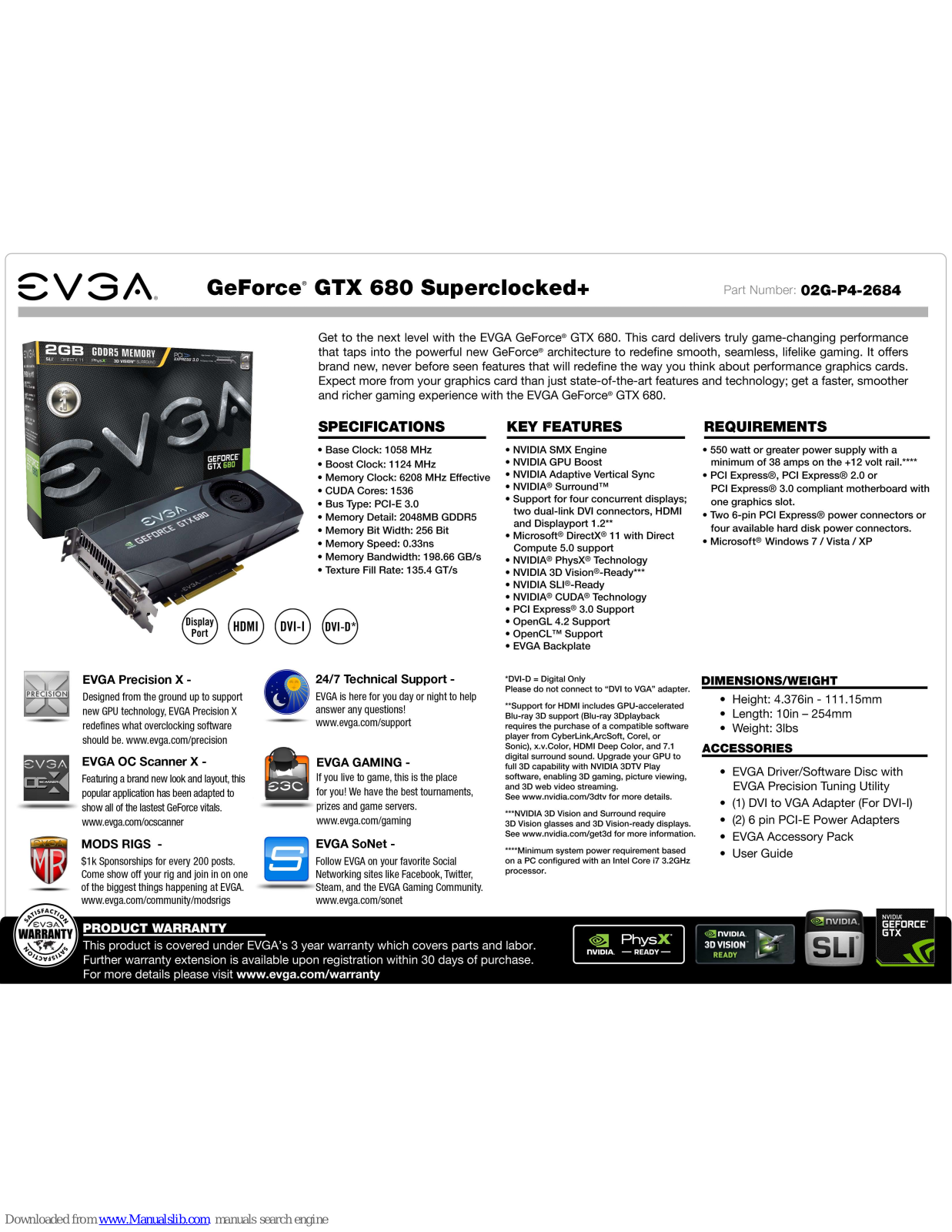 EVGA GeForce GTX 680 SC w/Backplate, GeForce GTX 680 Superclocked+ Specification - ManualMachine.com