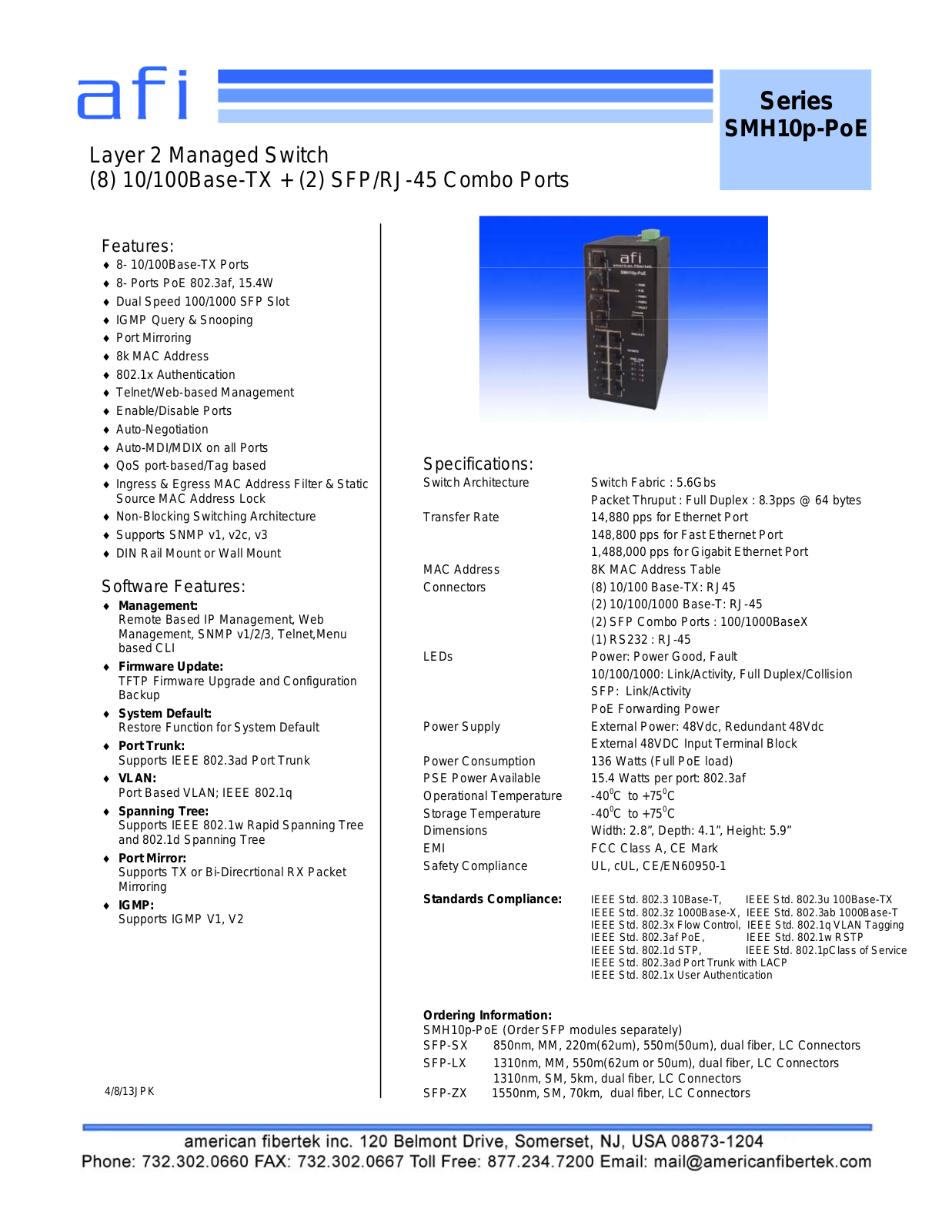 American Fibertek SMH10p-PoE Specsheet