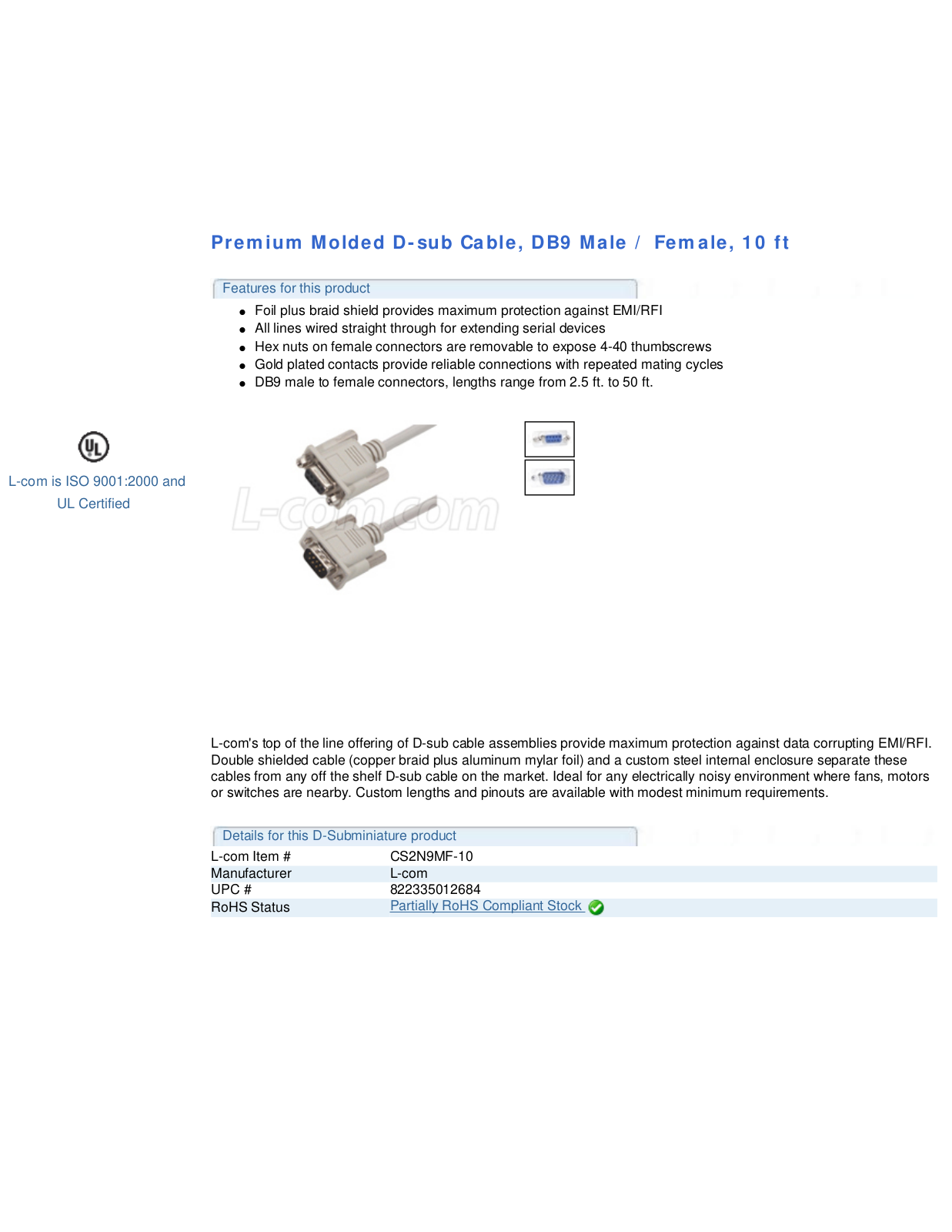 L-com DB9 Male-Female 10 ft User Manual - ManualMachine.com