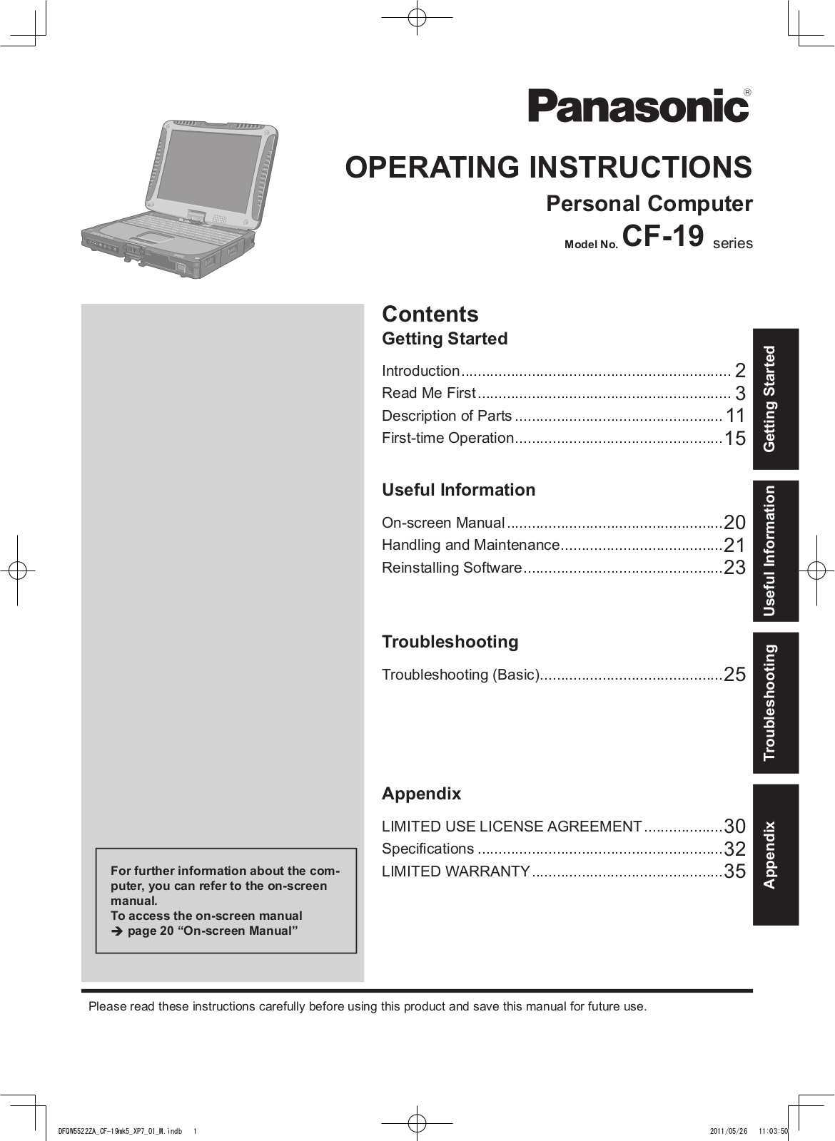 Panasonic CF-19AHVAXPM Operating Instruction