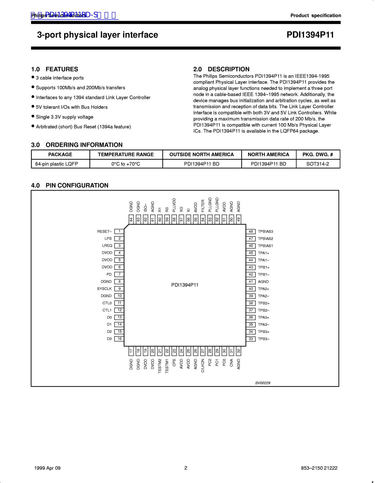 Philips PDL1394P11 Technical data