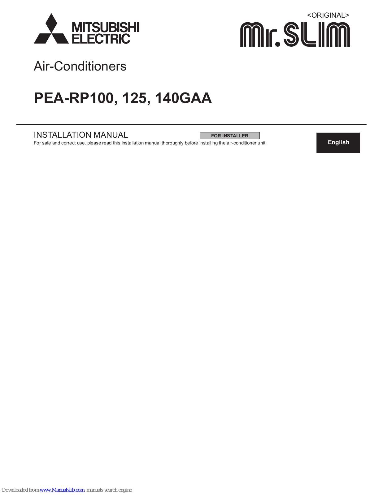 Mitsubishi Electric PEA-RP100, PEA-RP125, PEA-RP140GAA Installation Manual