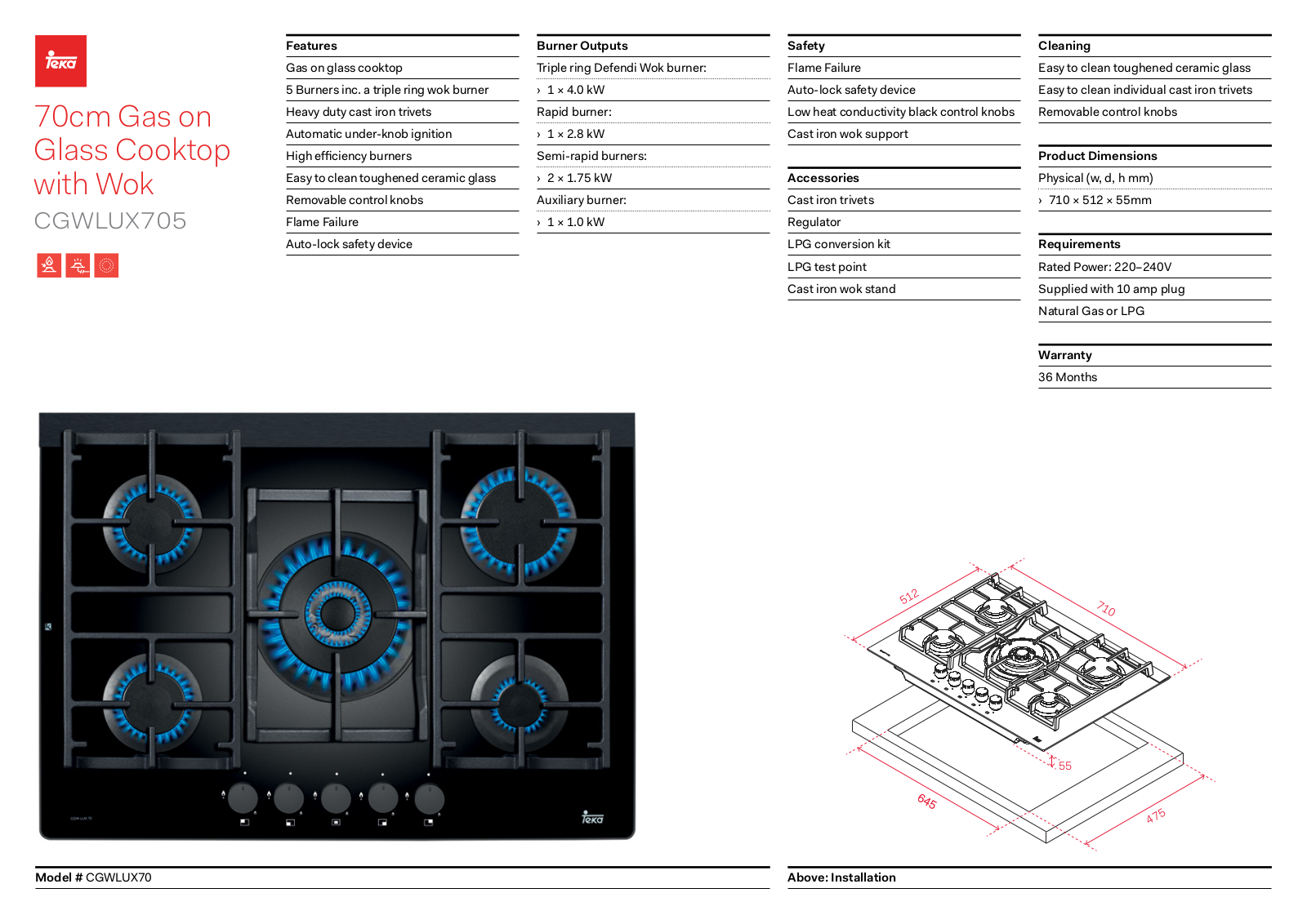 Teka CGWLUX705 Specifications Sheet