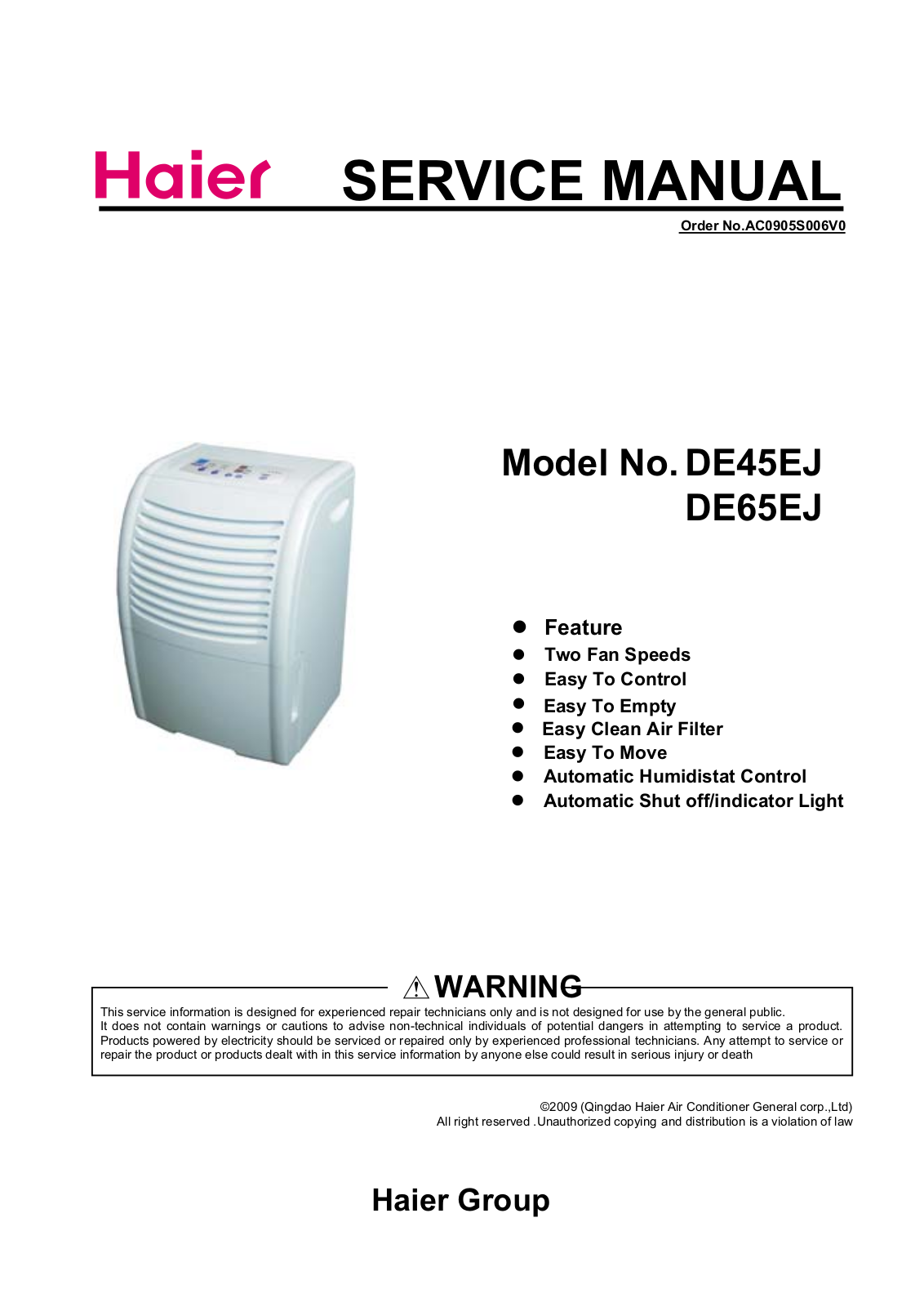 Haier DE65EJ, DE45EJ Service Manual