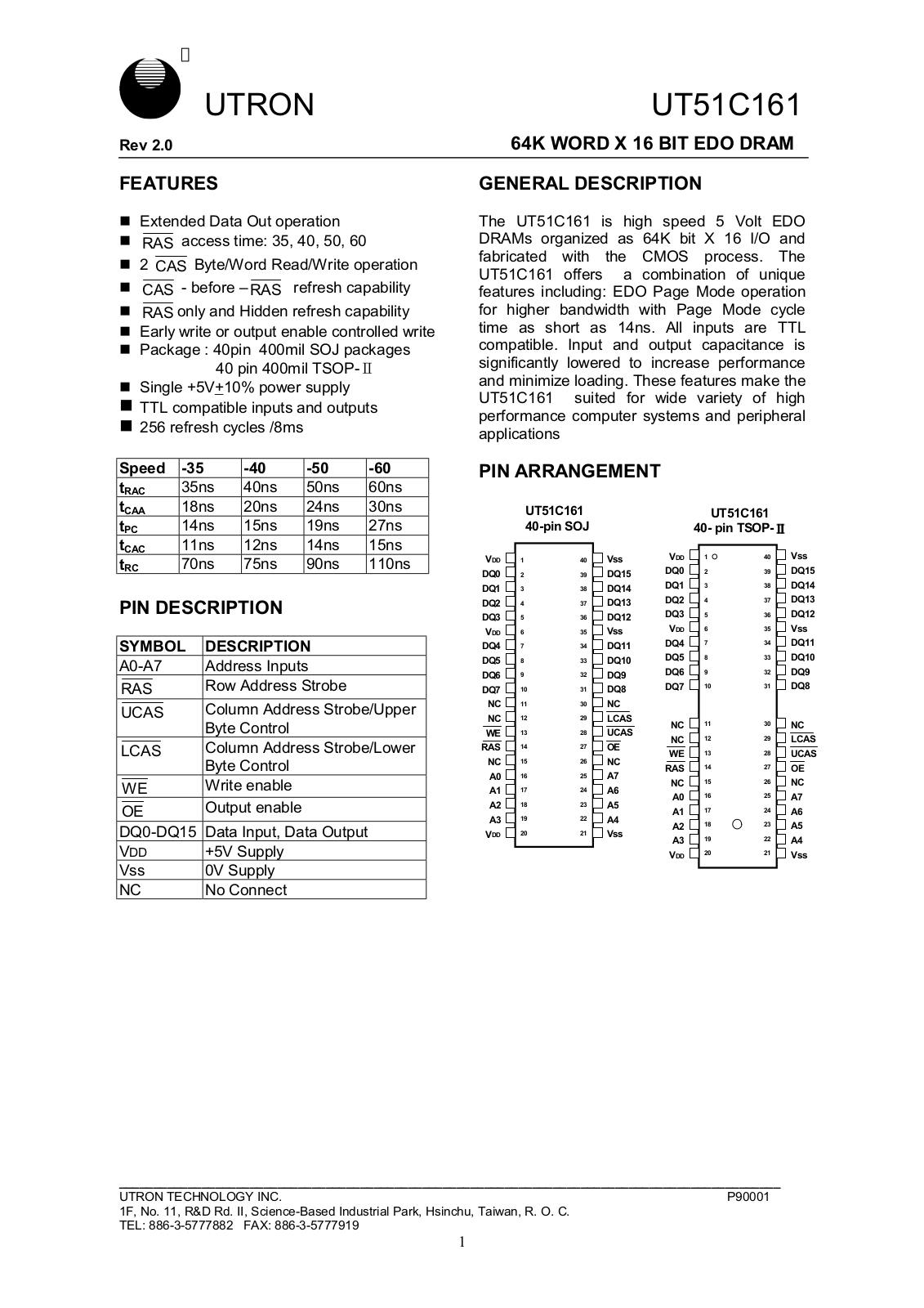 UTRON UT51C161MC-60, UT51C161MC-50, UT51C161MC-40, UT51C161MC-35, UT51C161JC-60 Datasheet