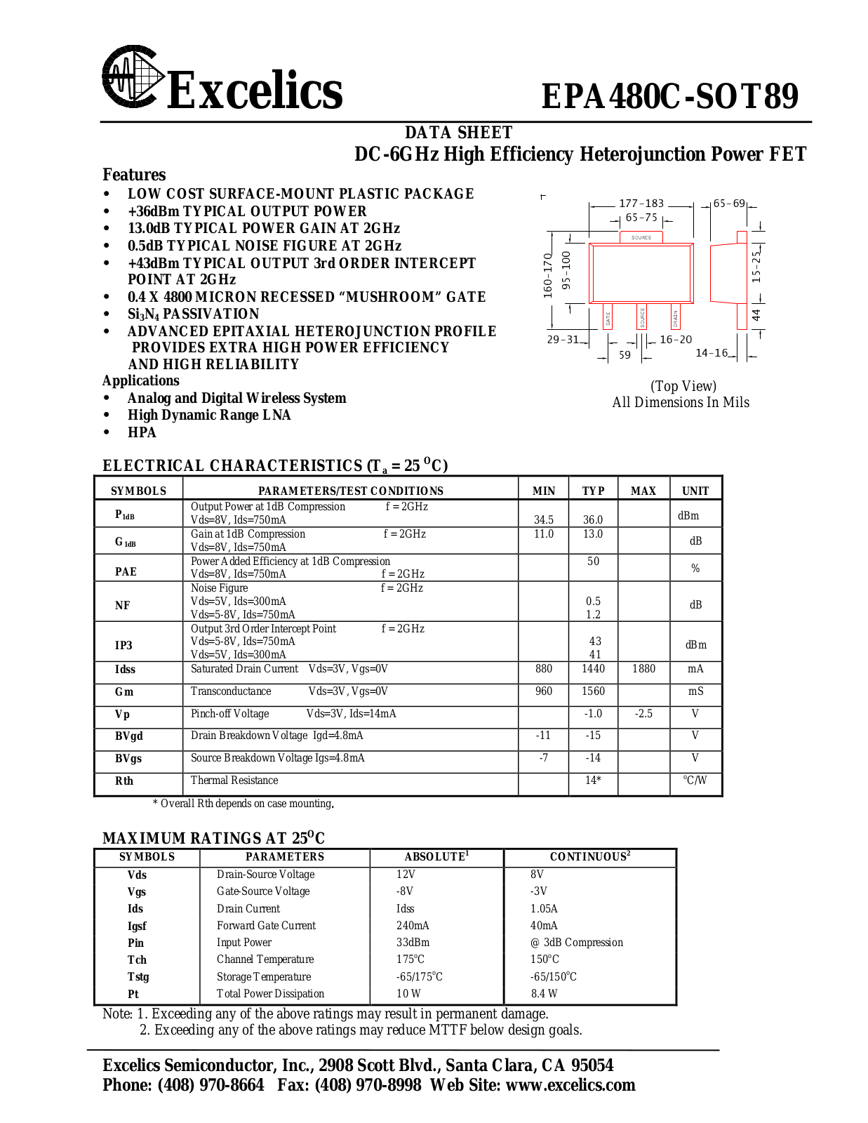 Excelics EPA480C-SOT89 Datasheet