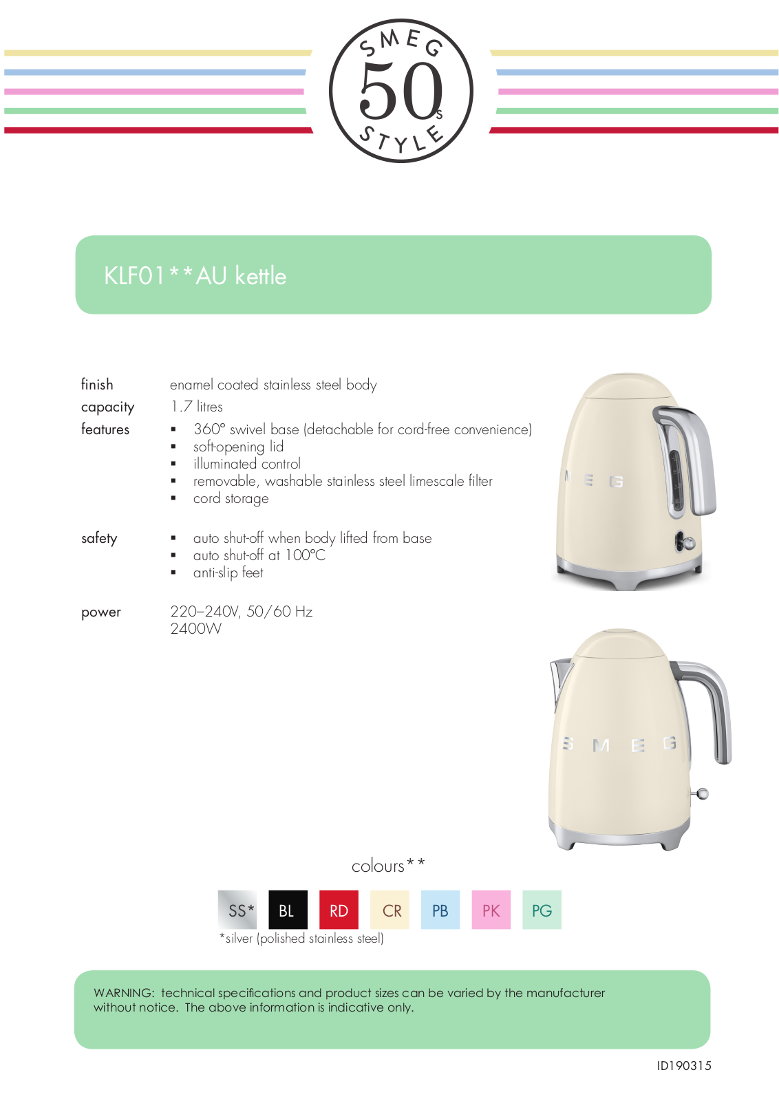 Smeg KLF01BLAU, KLF01PKAU, KLF01PKAUTSF01PKAU Specifications Sheet