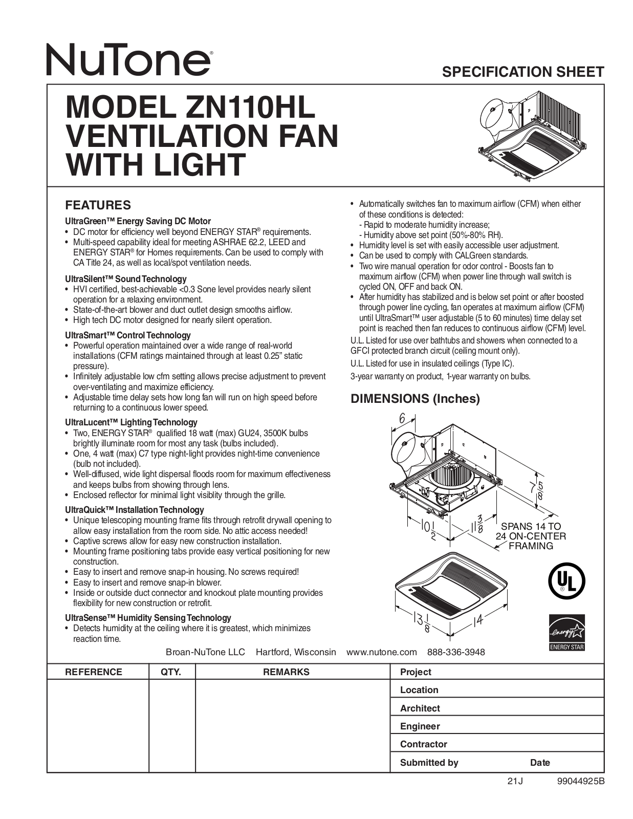 NuTone ZN110HL User Manual