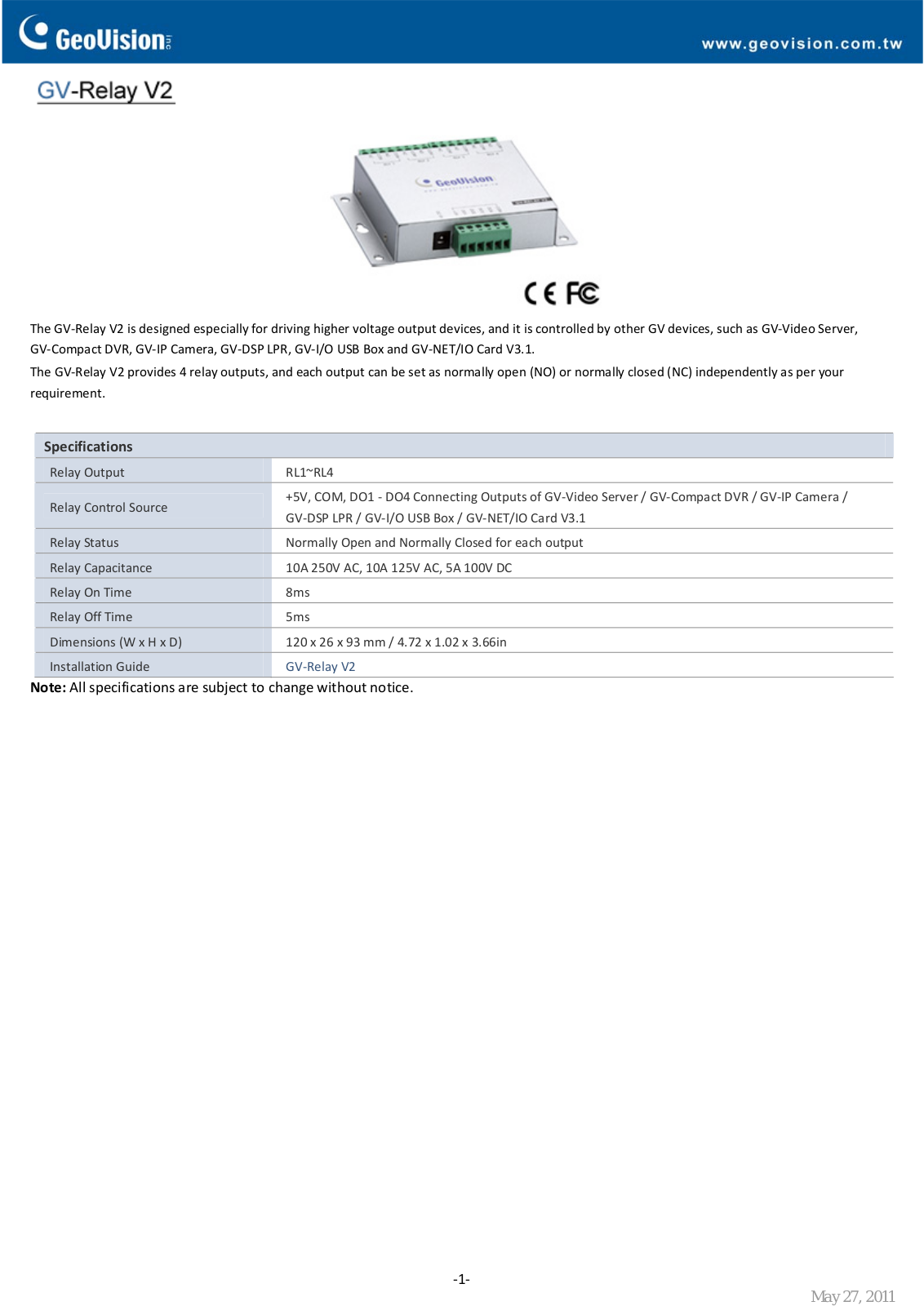 Geovision GV-Relay V2 Specsheet