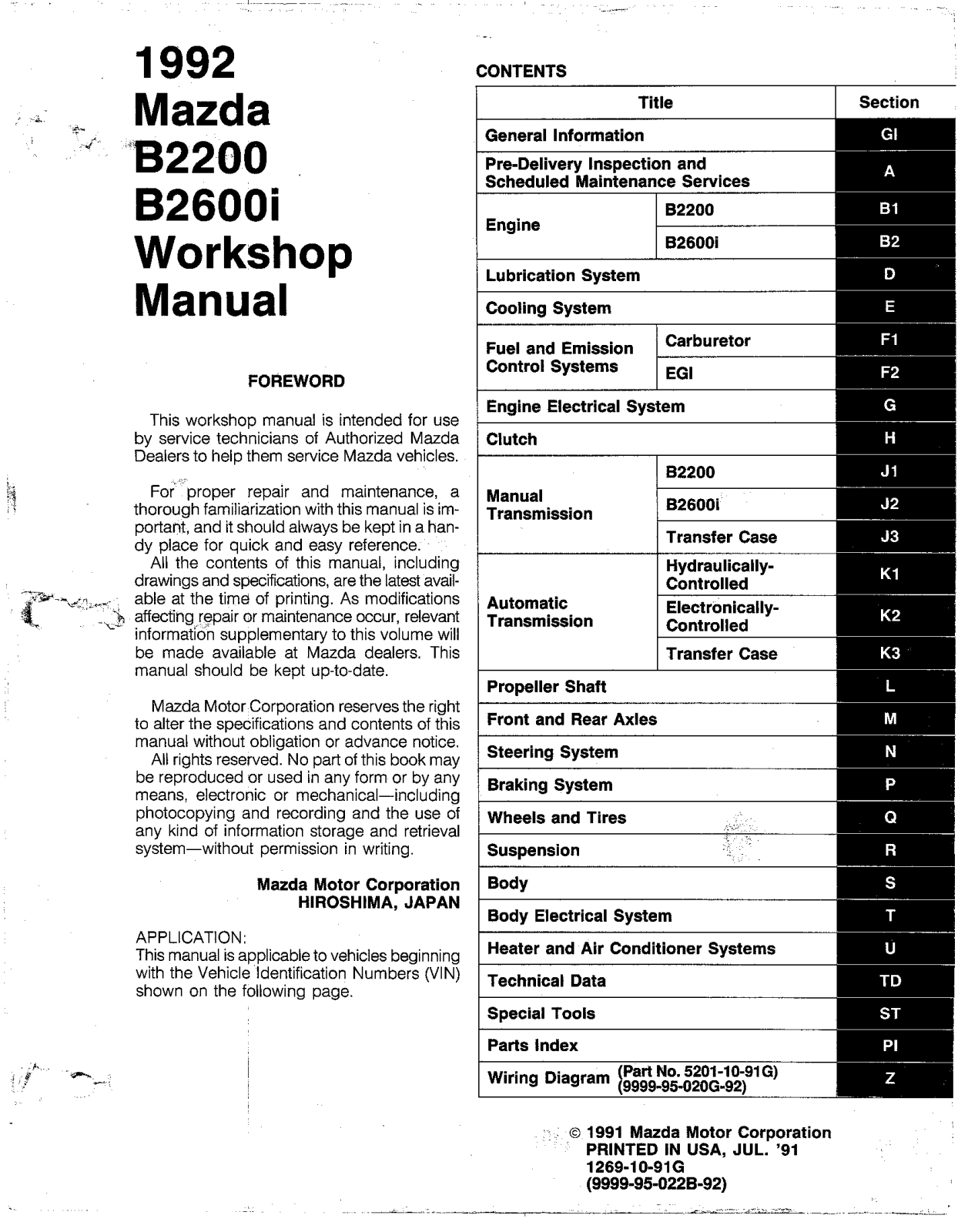 Mazda B2200 1992, B2600i 1992 Workshop Manual