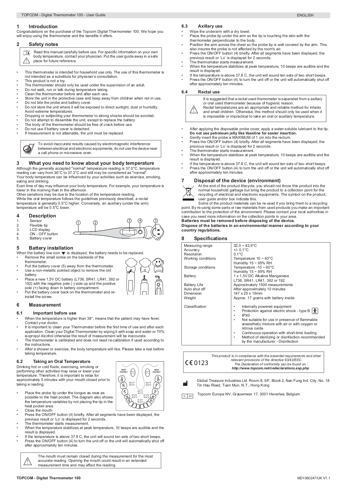 TOPCOM Digital Thermometer 100 User Manual