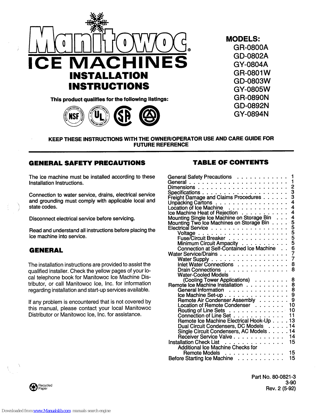 Manitowoc GR-0800A, GD-0803W, GY-0805W, GD-0802A, GR-0890N Instructions Manual