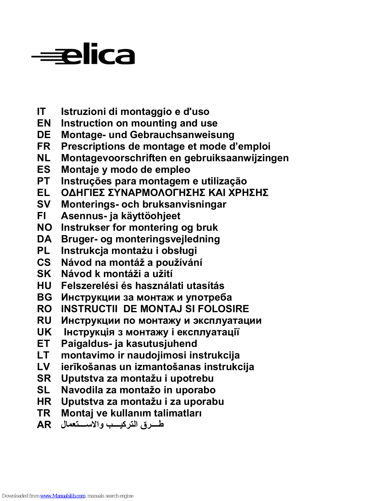 ELICA CA-60-SIL Instruction On Mounting And Use Manual