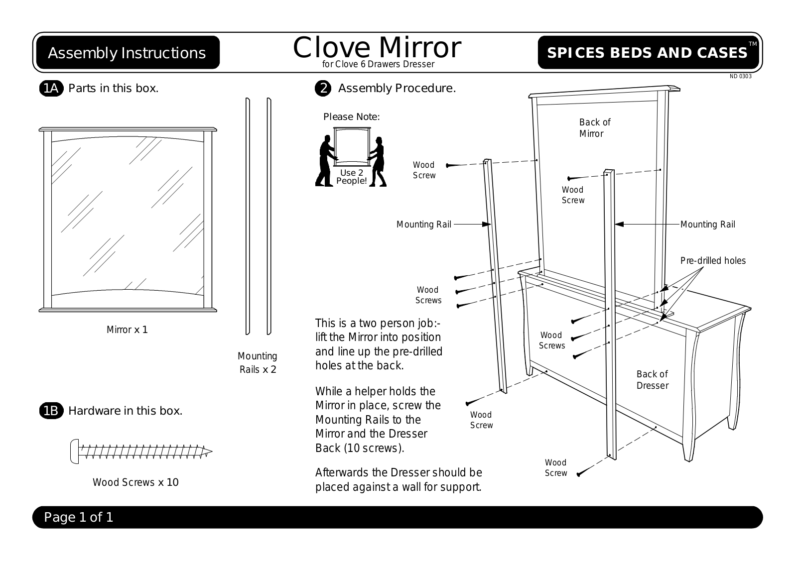 Night & Day Mirror for Clove 6 Drawer Dresser Assembly Instruction