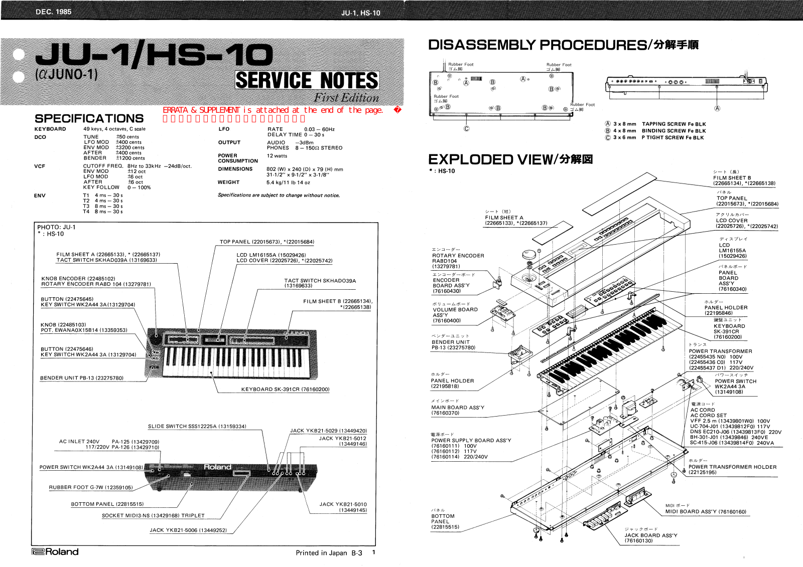 Roland Alpha Juno 1 Service Notes