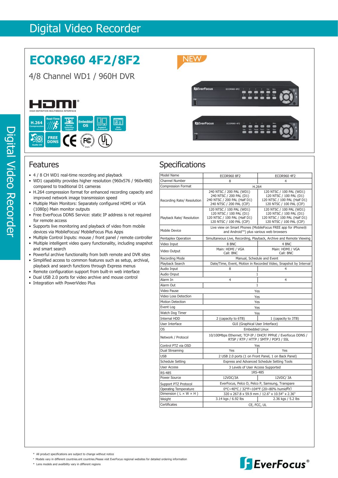 EverFocus ECOR960-4F-3T, ECOR960-4F-2T, ECOR960-4F-1T Specsheet