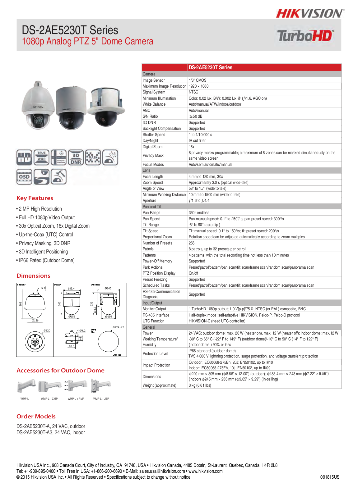 Hikvision DS-2AE5230T-A3 Specsheet