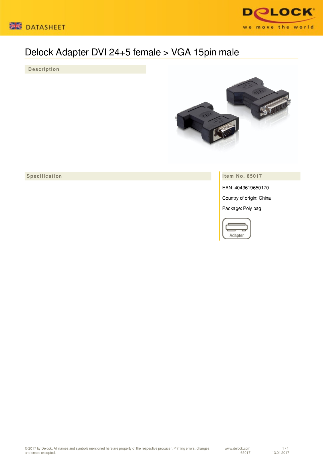 DeLOCK DVI-I on DVI-I-VGA adapter User Manual