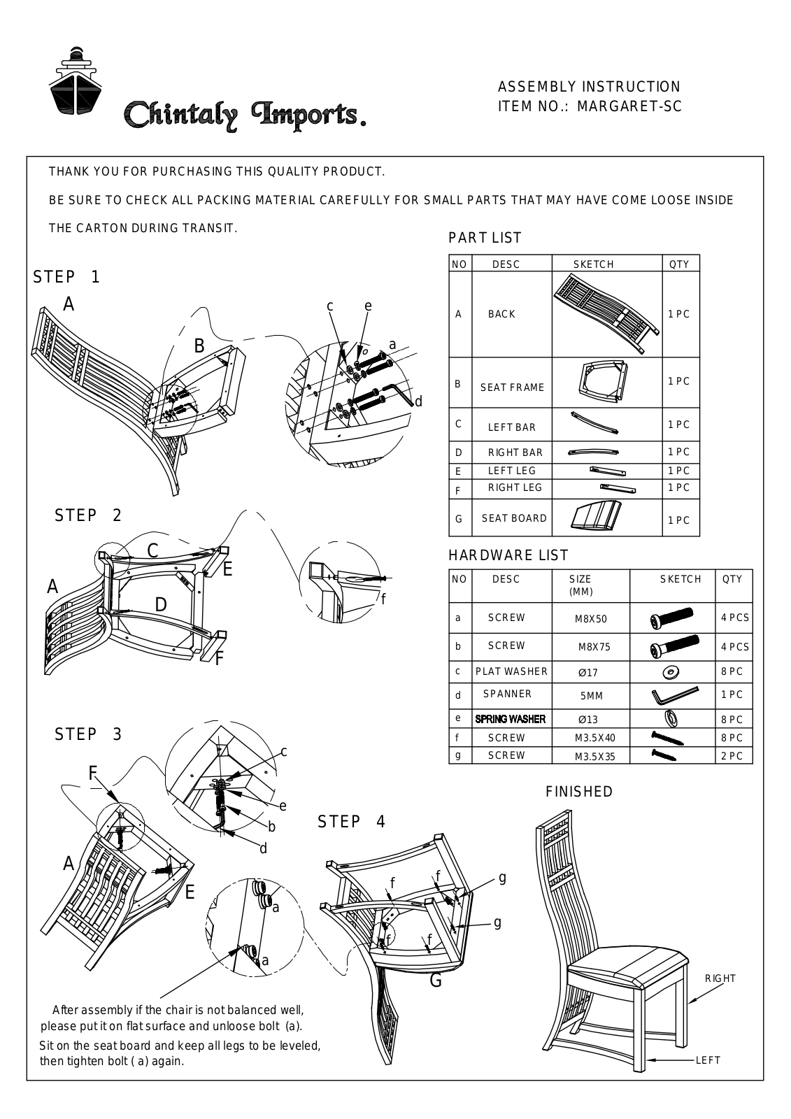 Chintaly MARGARETSCWHT Assembly Guide - ManualMachine.com
