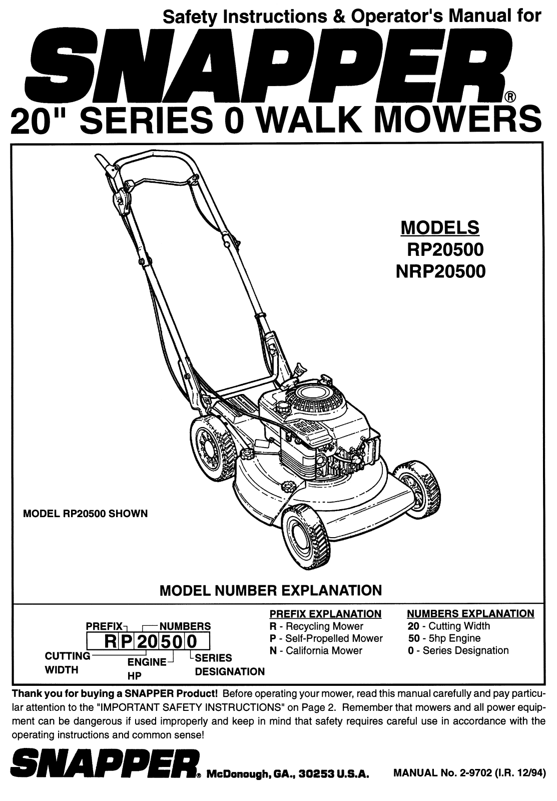 Snapper NRP20500, RP20500 User Manual