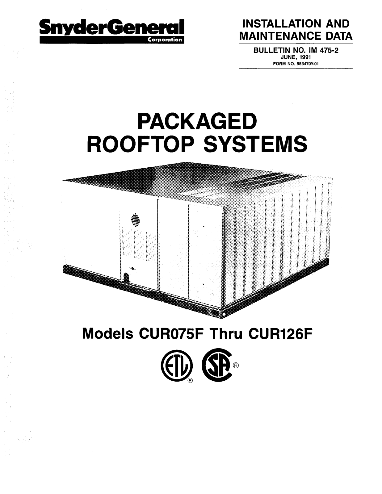 McQuay CUR075F Installation  Manual