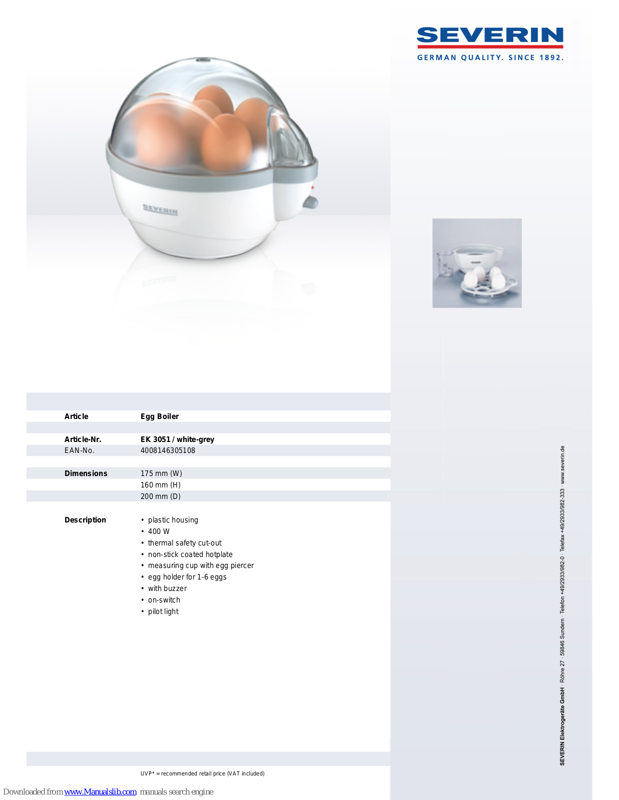 SEVERIN EGG BOILER - DATASHEET 2, EK 3051 Dimensions