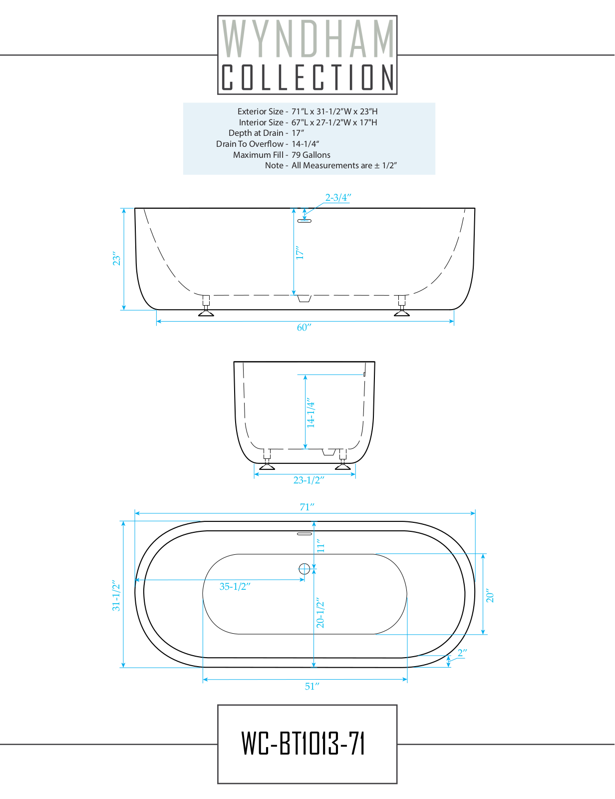 Wyndham Collection WCOBT101371, WCOBT101371BNTRIM Specifications