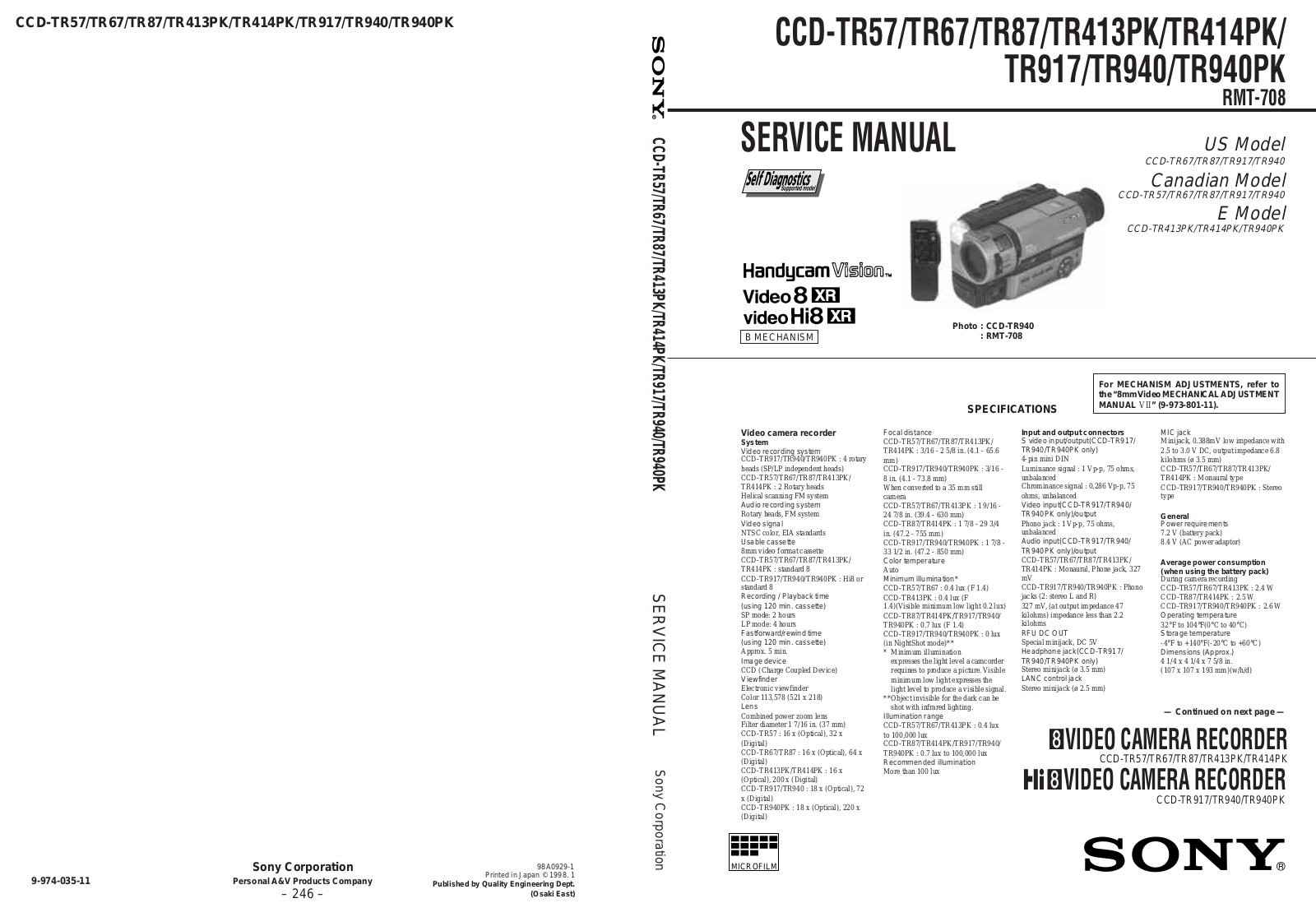 Sony CCD-TR940, CCD-TR940PK, CCD-TR917, CCD-TR414PK, CCD-TR87 Service Manual