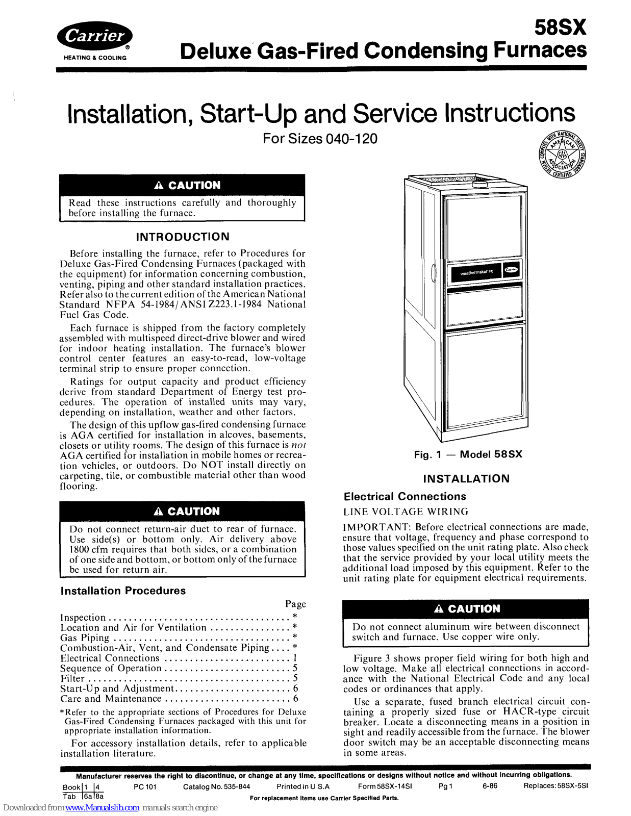 Carrier Deluxe 58SX, Deluxe 58SX040, Deluxe 58SX060, Deluxe 58SX080, Deluxe 58SX100 Installation, Start-up And Service Instructions Manual - ManualMachine.com