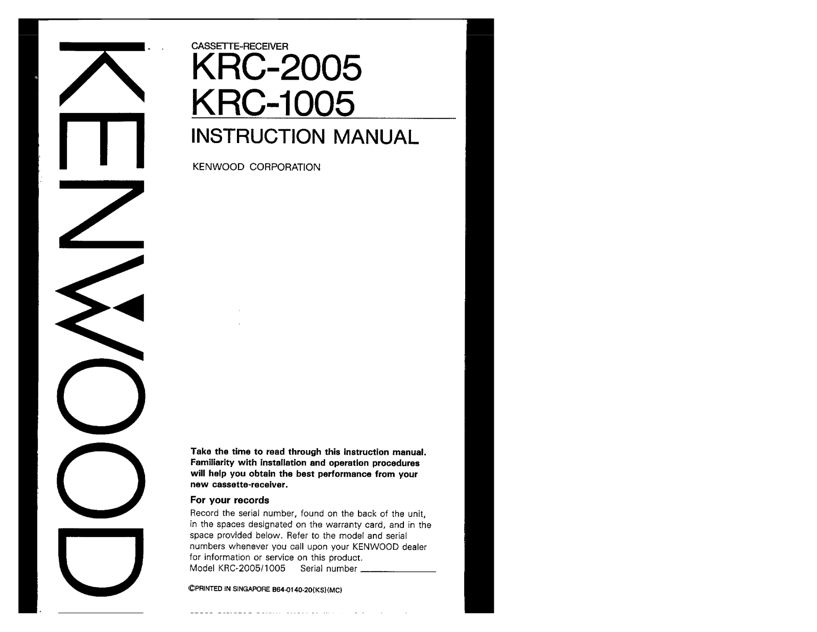 Kenwood KRC-2005, KRC-1005 Owner's Manual