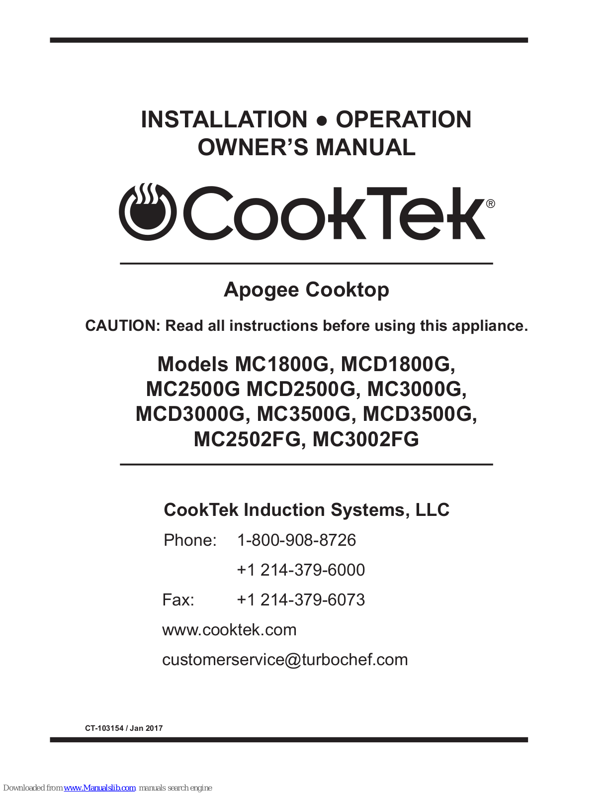 CookTek MCD1800G, MC1800G, MC2500G, MC3000G, MC3500G Installation & Operation Owner's Manual