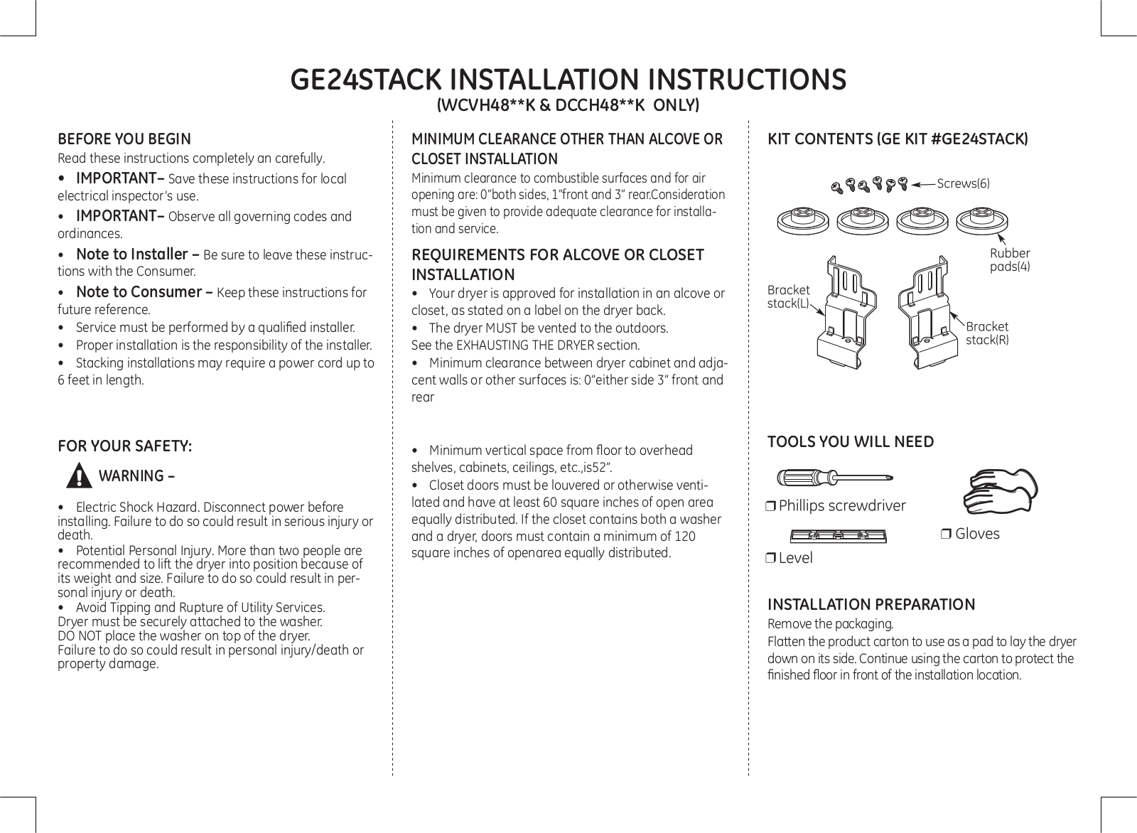 GE GE24STACK Installation Manual