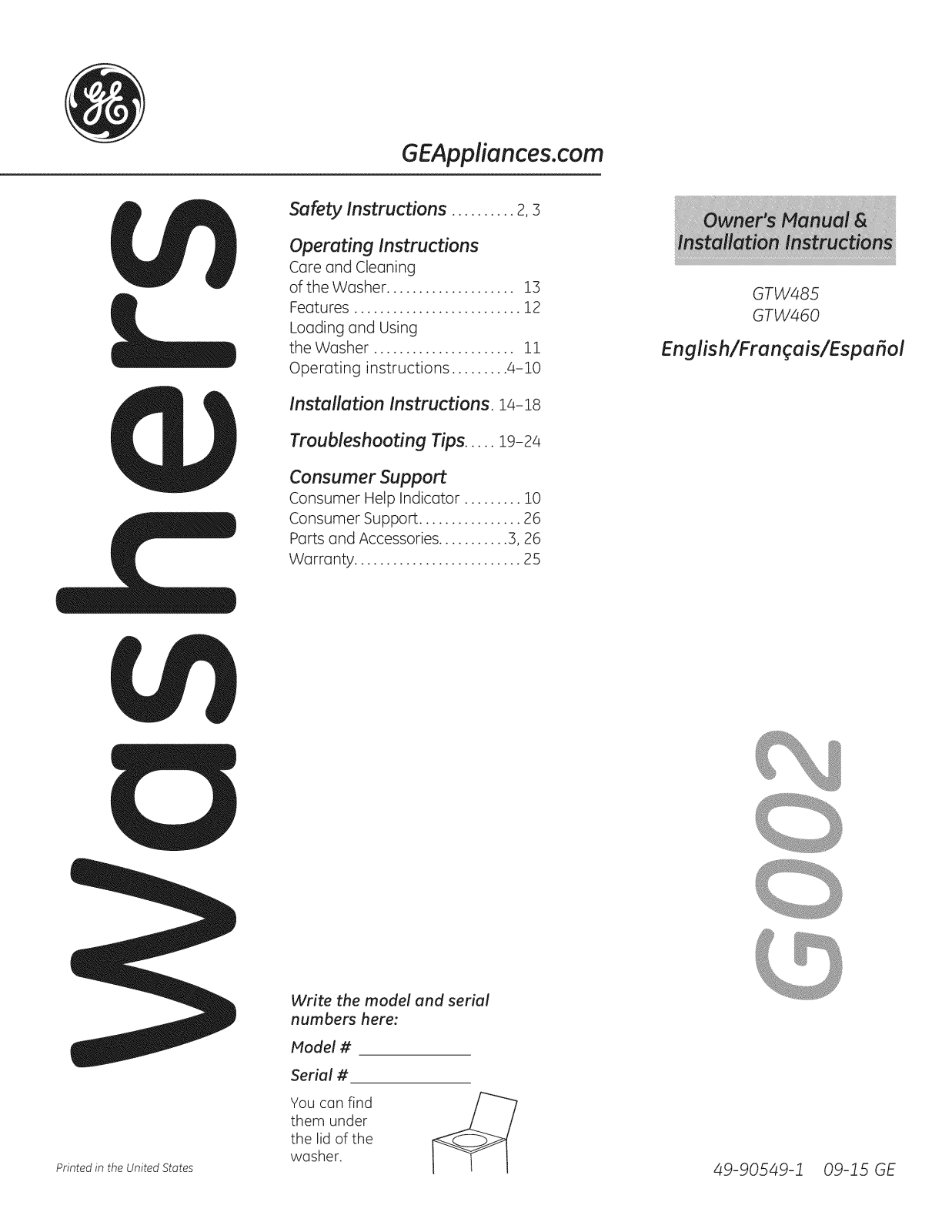 GE GTW485ASJ0WW, GTW485ASJ0WS, GTW460ASJ5WW, GTW460ASJ4WW, GTW460ASJ3WW Owner’s Manual