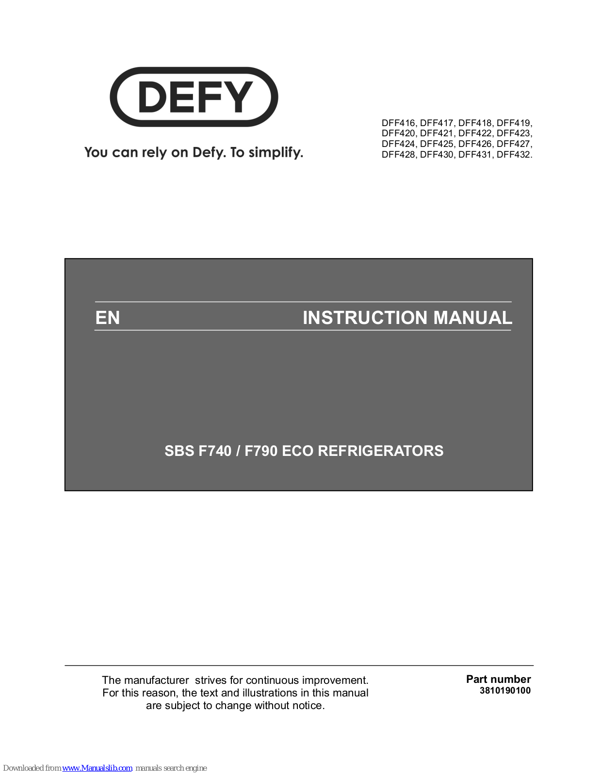 Defy DFF419, DFF416, DFF420, DFF421, DFF422 Instruction Manual