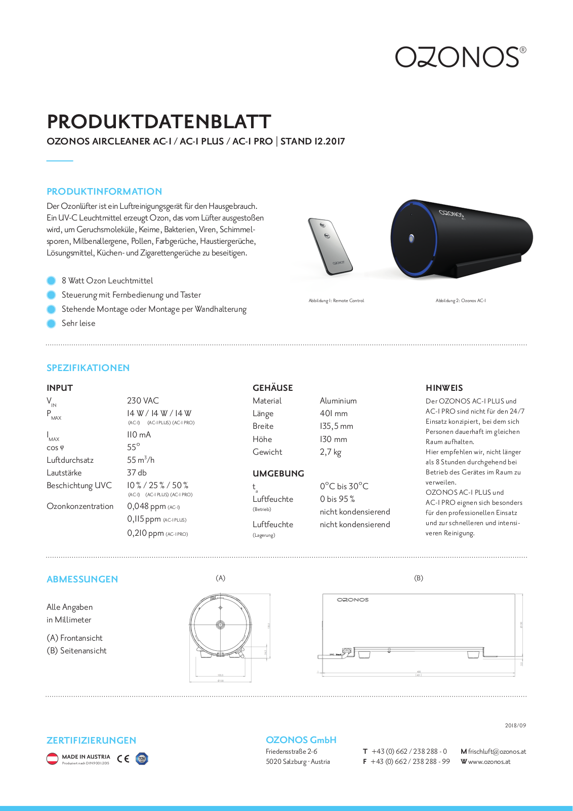 Ozonos AC-1, AC-1 PLUS, AC-1 PRO User Manual