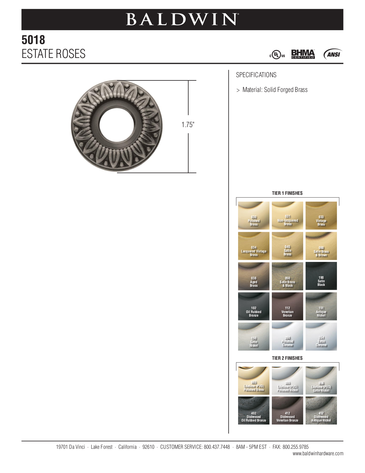 Baldwin 5018 Estate Rose User Manual